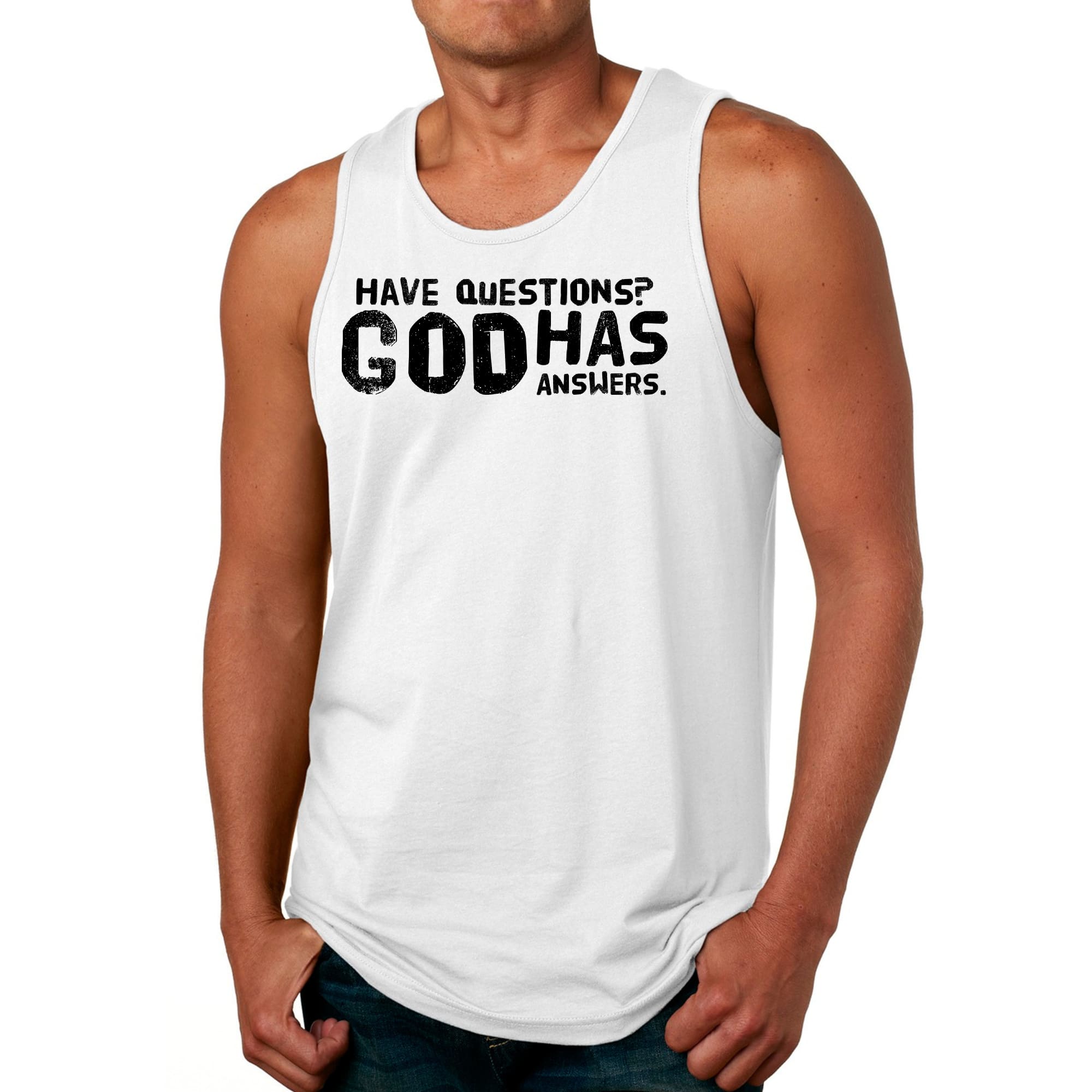 Men's Fitness Tank Top featuring a black graphic illustration with the text 'Have Questions? God Has Answers'.