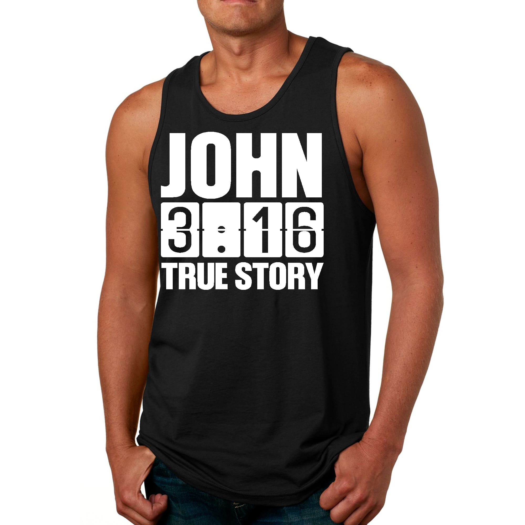 Men's Fitness Tank Top featuring John 3:16 True Story Print, made from soft preshrunk cotton with double-needle stitching.