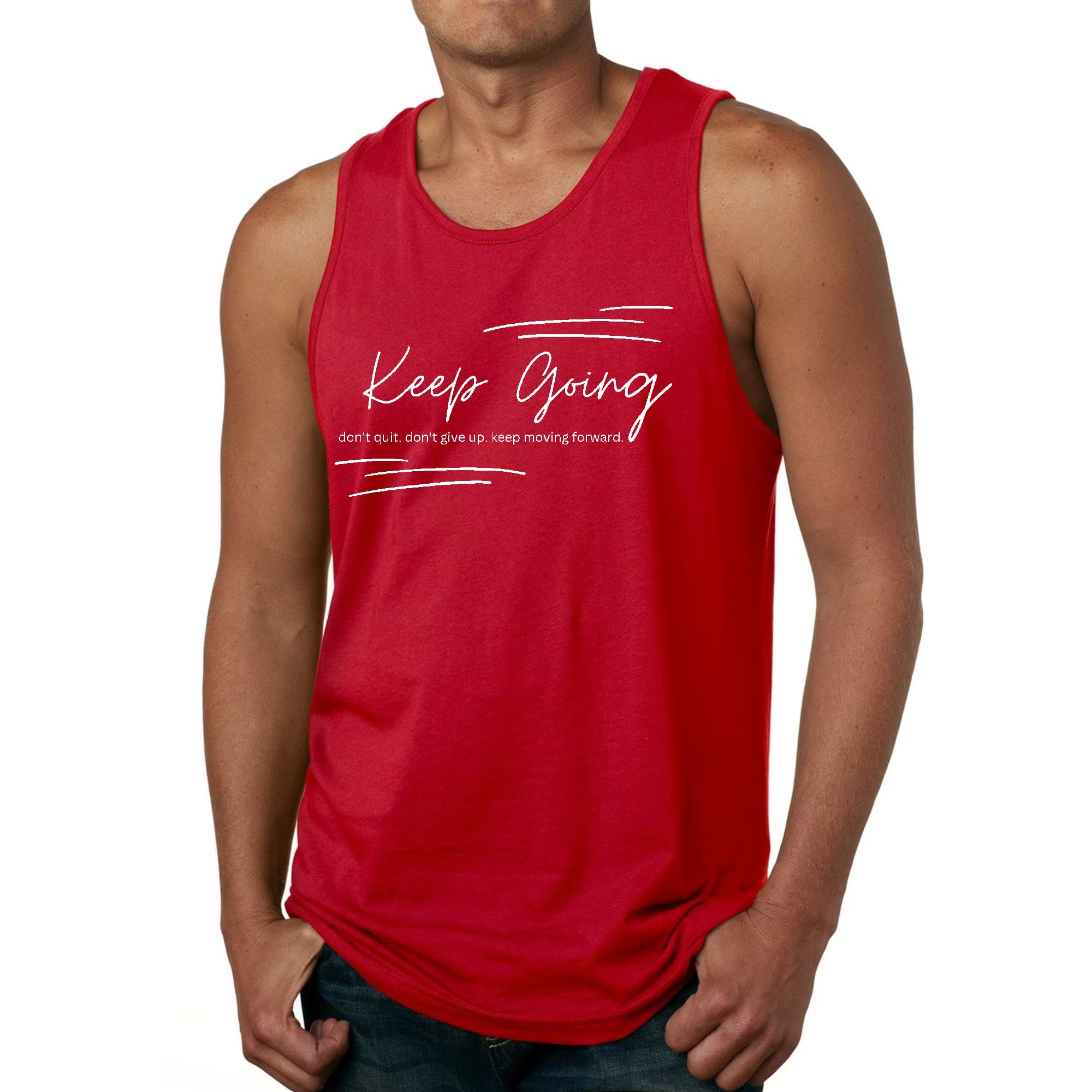 Men's Fitness Tank Top with 'Keep Going Don't Give Up' graphic, made from soft preshrunk cotton, ideal for workouts and casual wear.
