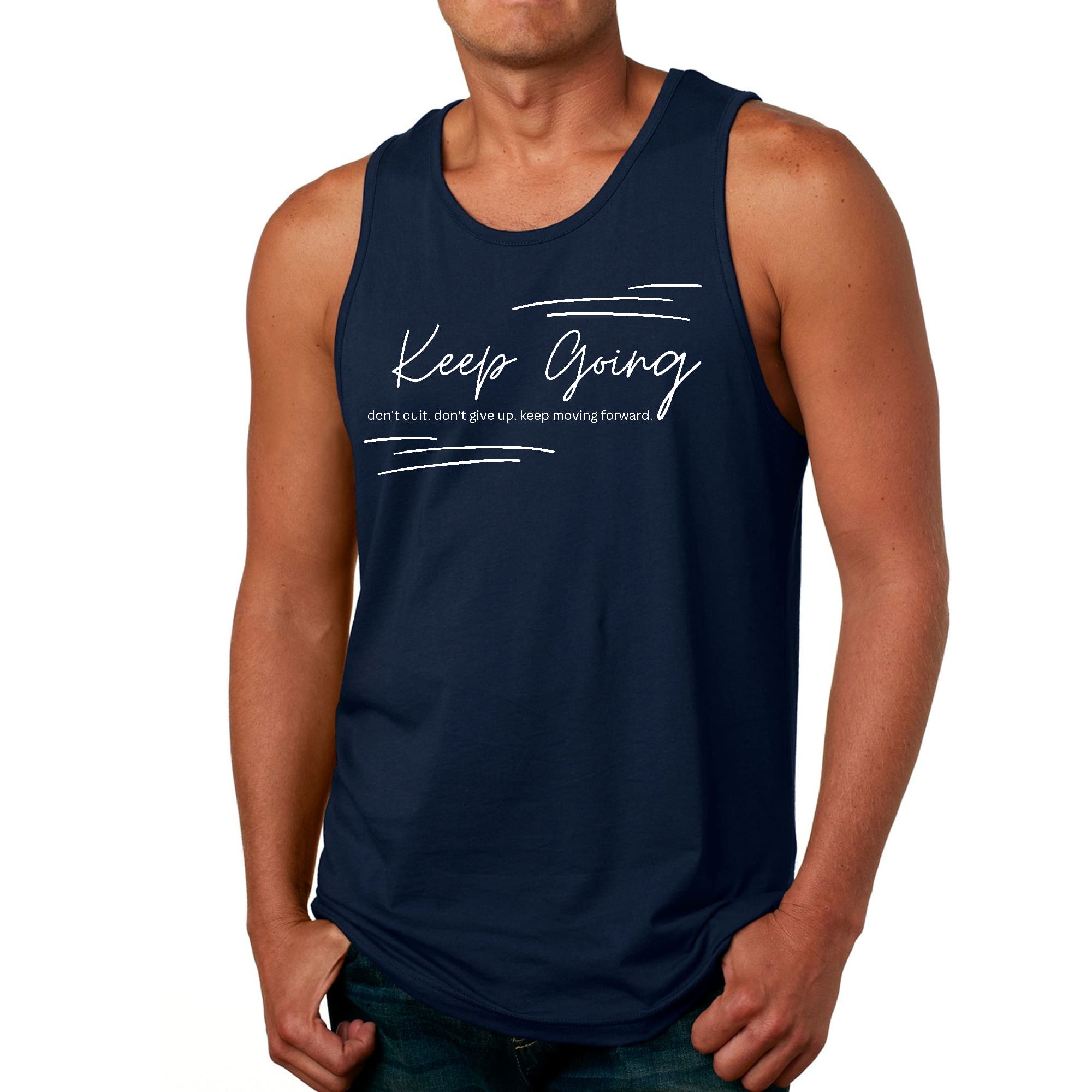 Men's Fitness Tank Top with 'Keep Going Don't Give Up' graphic, made from soft preshrunk cotton, ideal for workouts and casual wear.