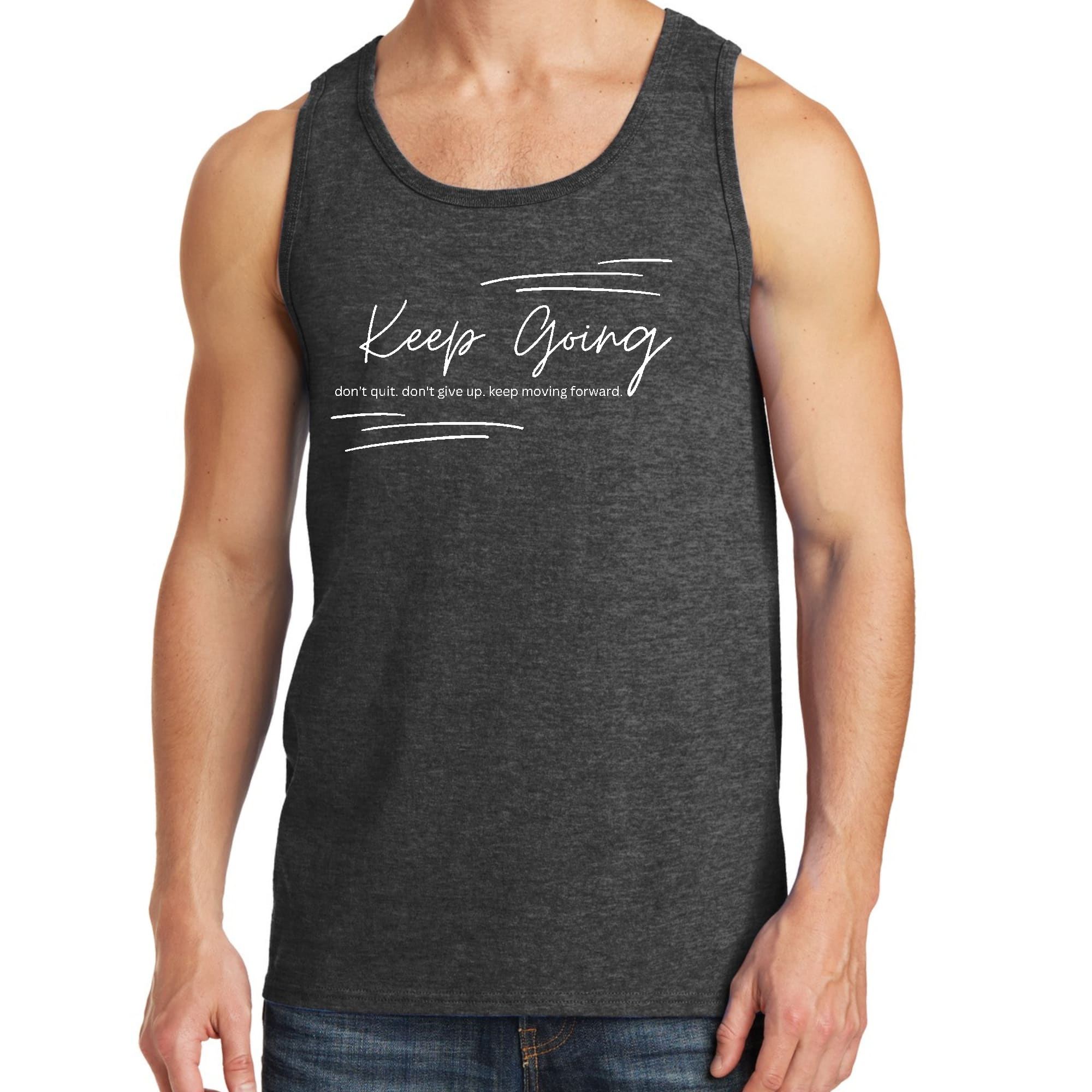 Men's Fitness Tank Top with 'Keep Going Don't Give Up' graphic, made from soft preshrunk cotton, ideal for workouts and casual wear.