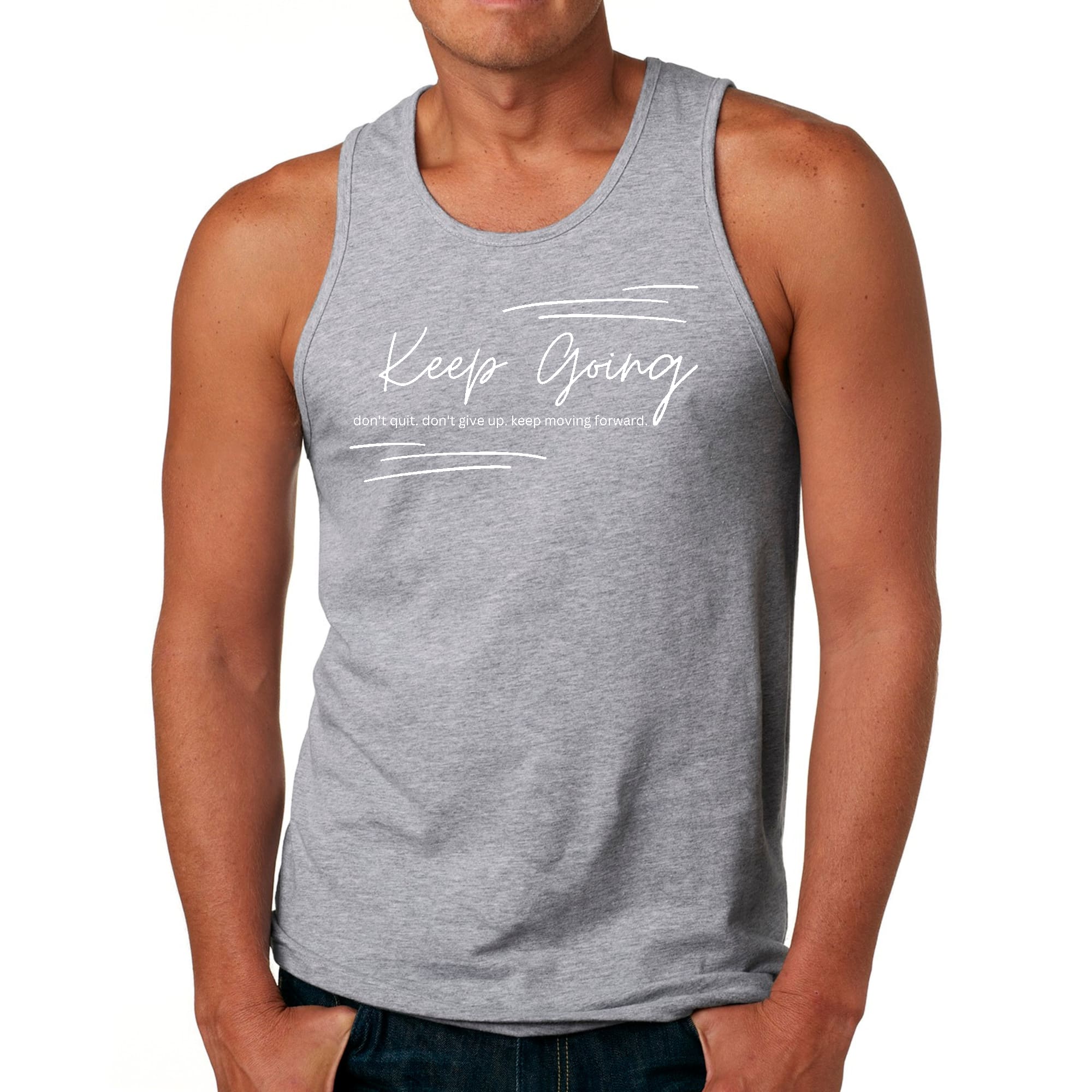 Men's Fitness Tank Top with 'Keep Going Don't Give Up' graphic, made from soft preshrunk cotton, ideal for workouts and casual wear.