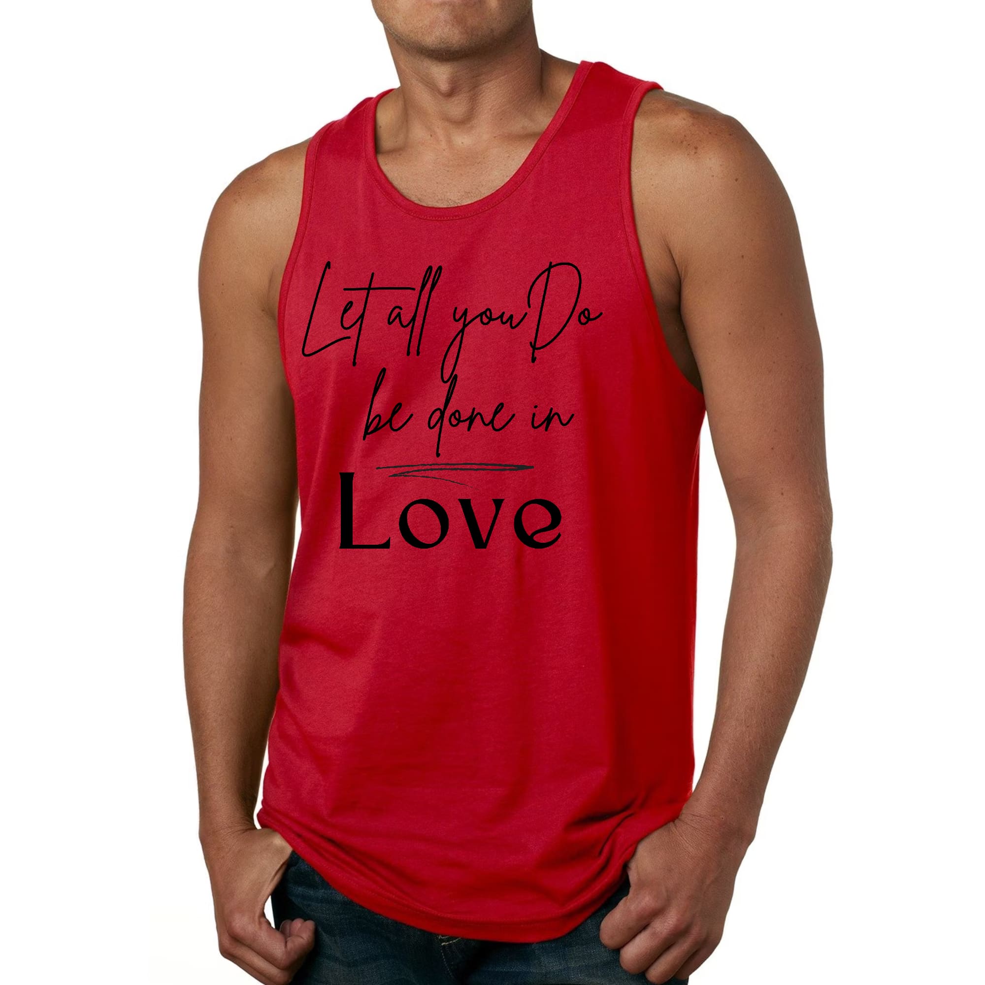 Men's Fitness Tank Top featuring a motivational graphic 'Let All You Do Be Done in Love' in a stylish black design, made from soft preshrunk cotton.