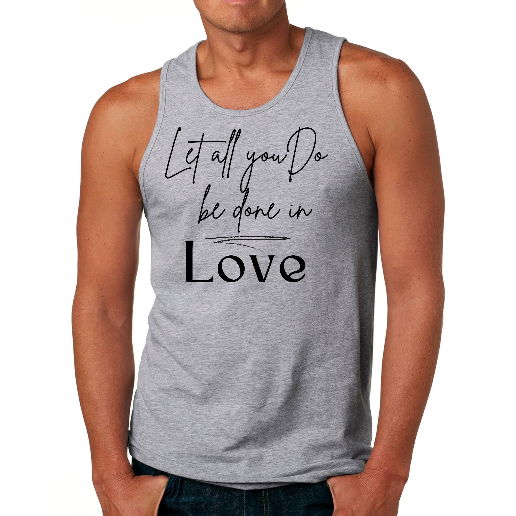 Men's Fitness Tank Top featuring a motivational graphic 'Let All You Do Be Done in Love' in a stylish black design, made from soft preshrunk cotton.