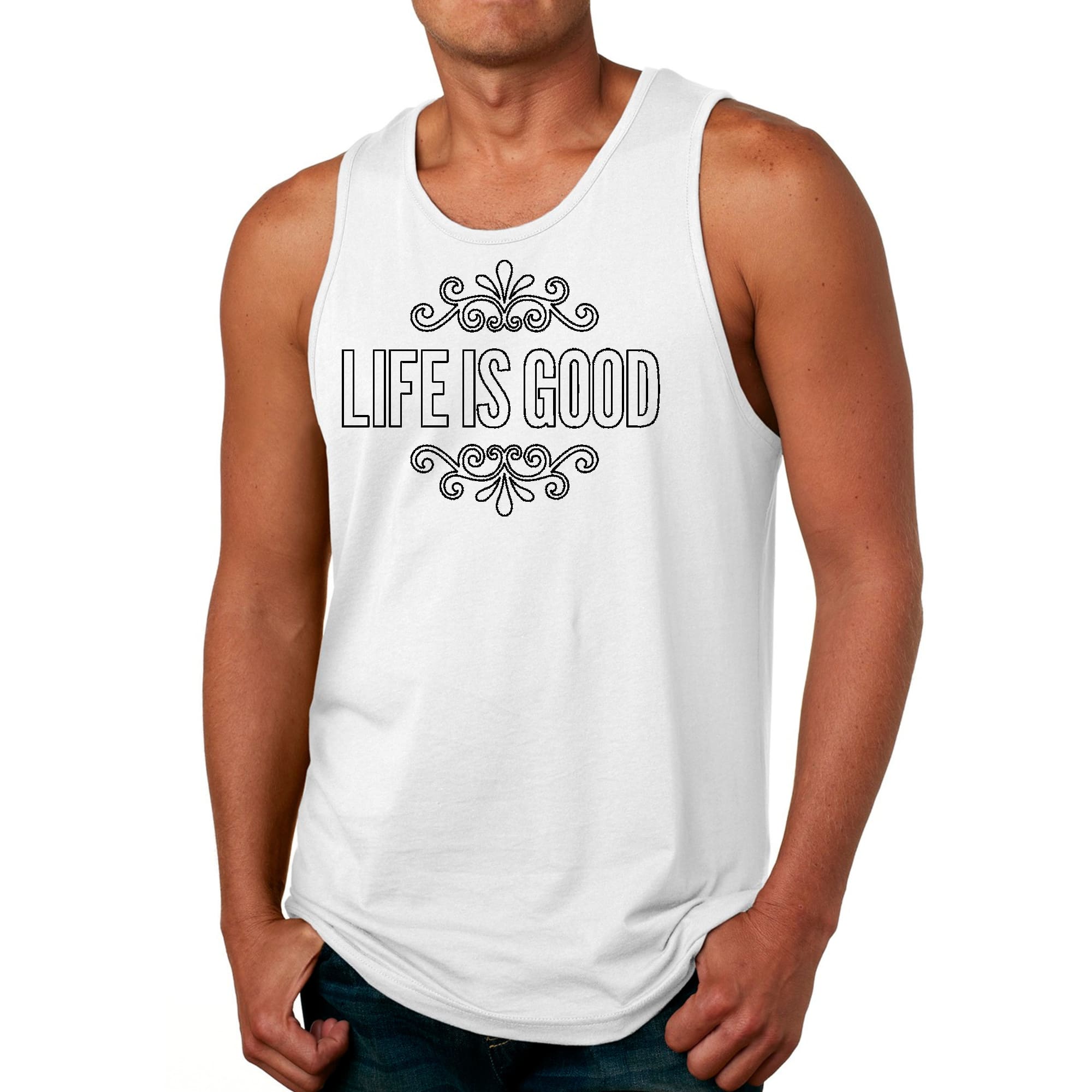 Men's Fitness Tank Top featuring 'Life is Good' graphic art in black outline, made from soft preshrunk cotton.