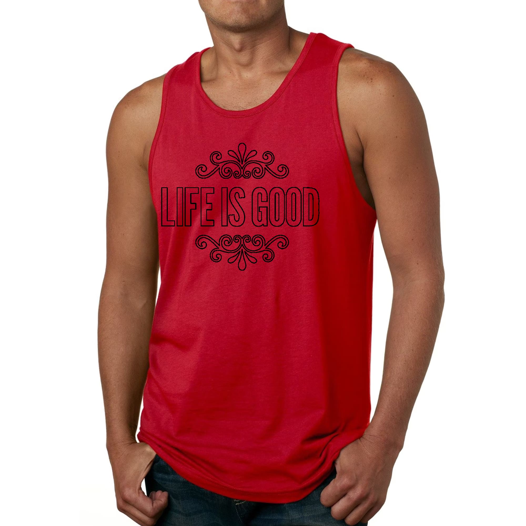 Men's Fitness Tank Top featuring 'Life is Good' graphic art in black outline, made from soft preshrunk cotton.