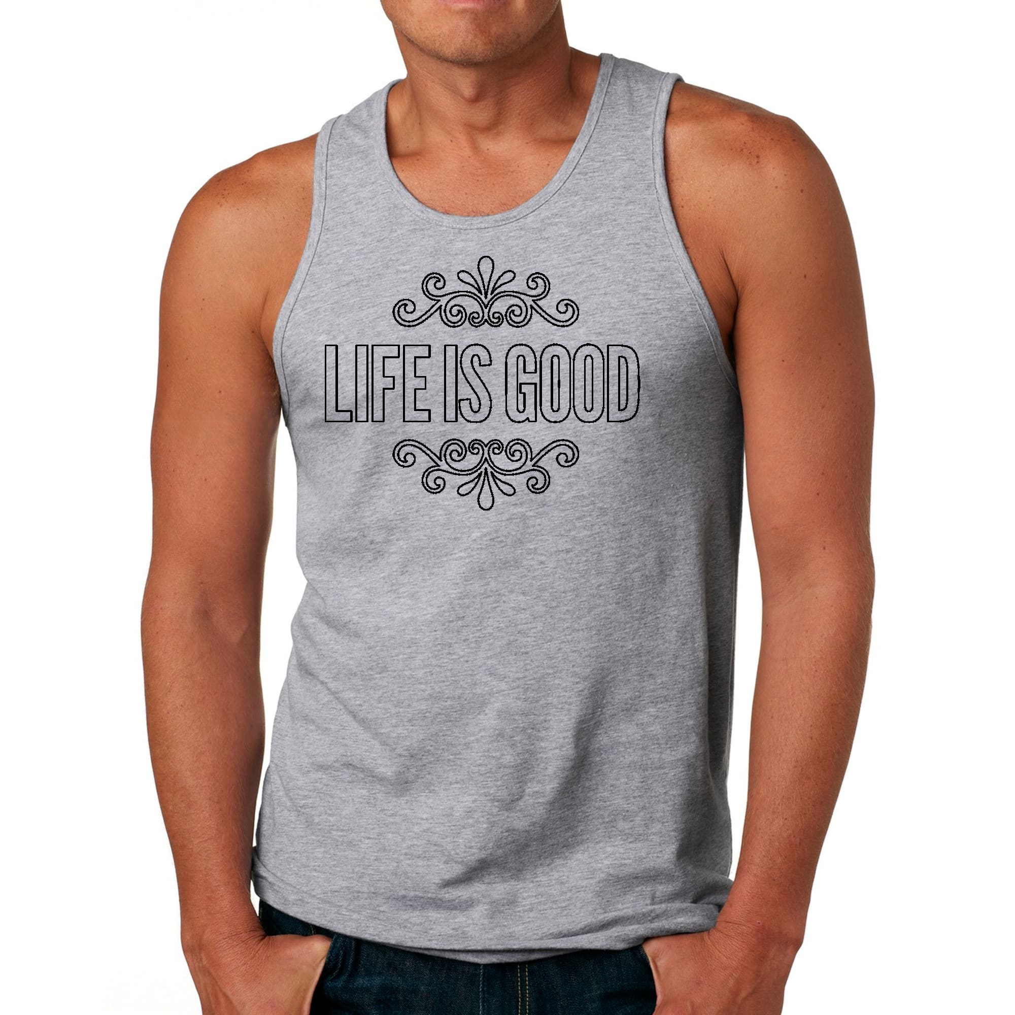Men's Fitness Tank Top featuring 'Life is Good' graphic art in black outline, made from soft preshrunk cotton.