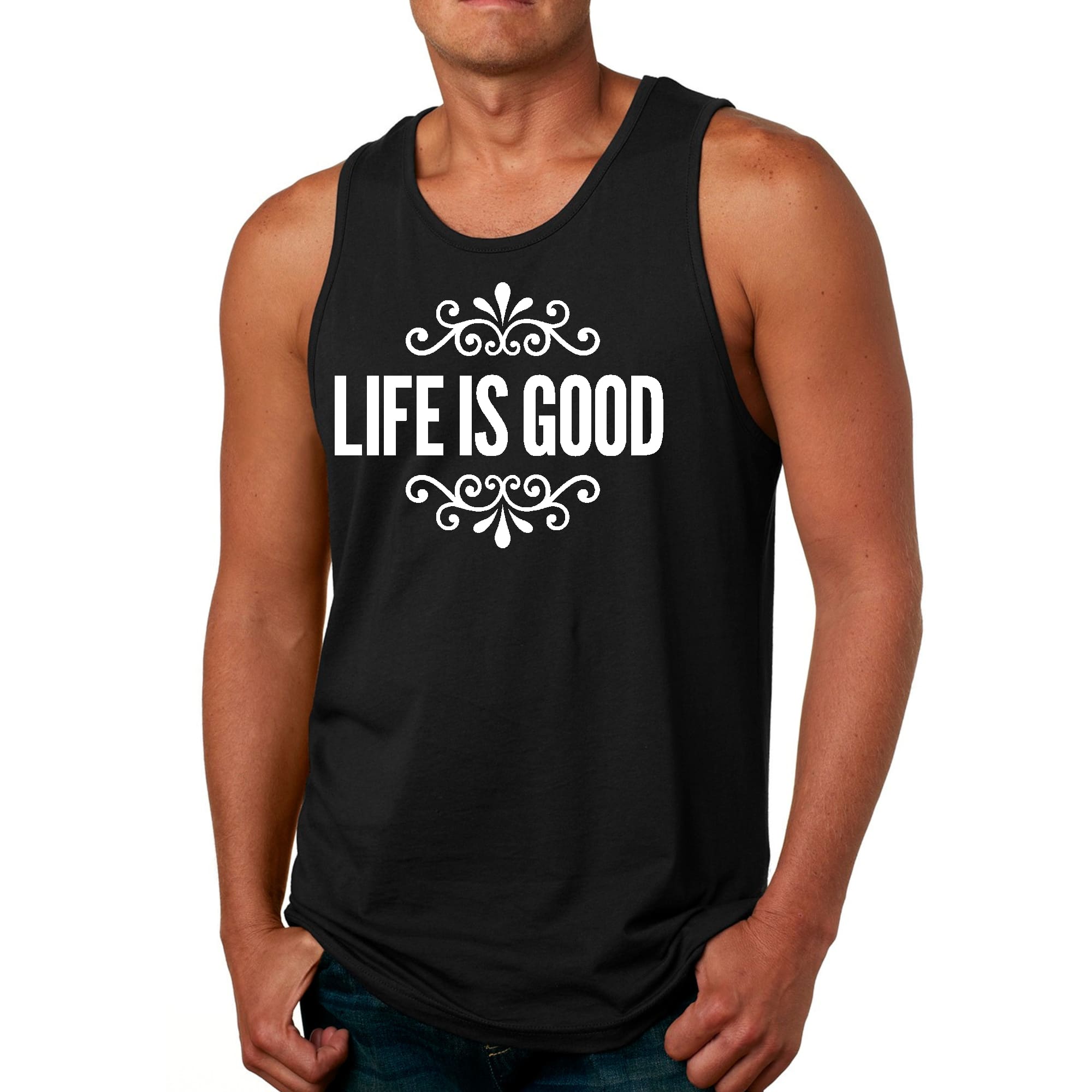 Men's Fitness Tank Top featuring 'Life is Good' graphic art, made from soft preshrunk cotton for comfort and durability.