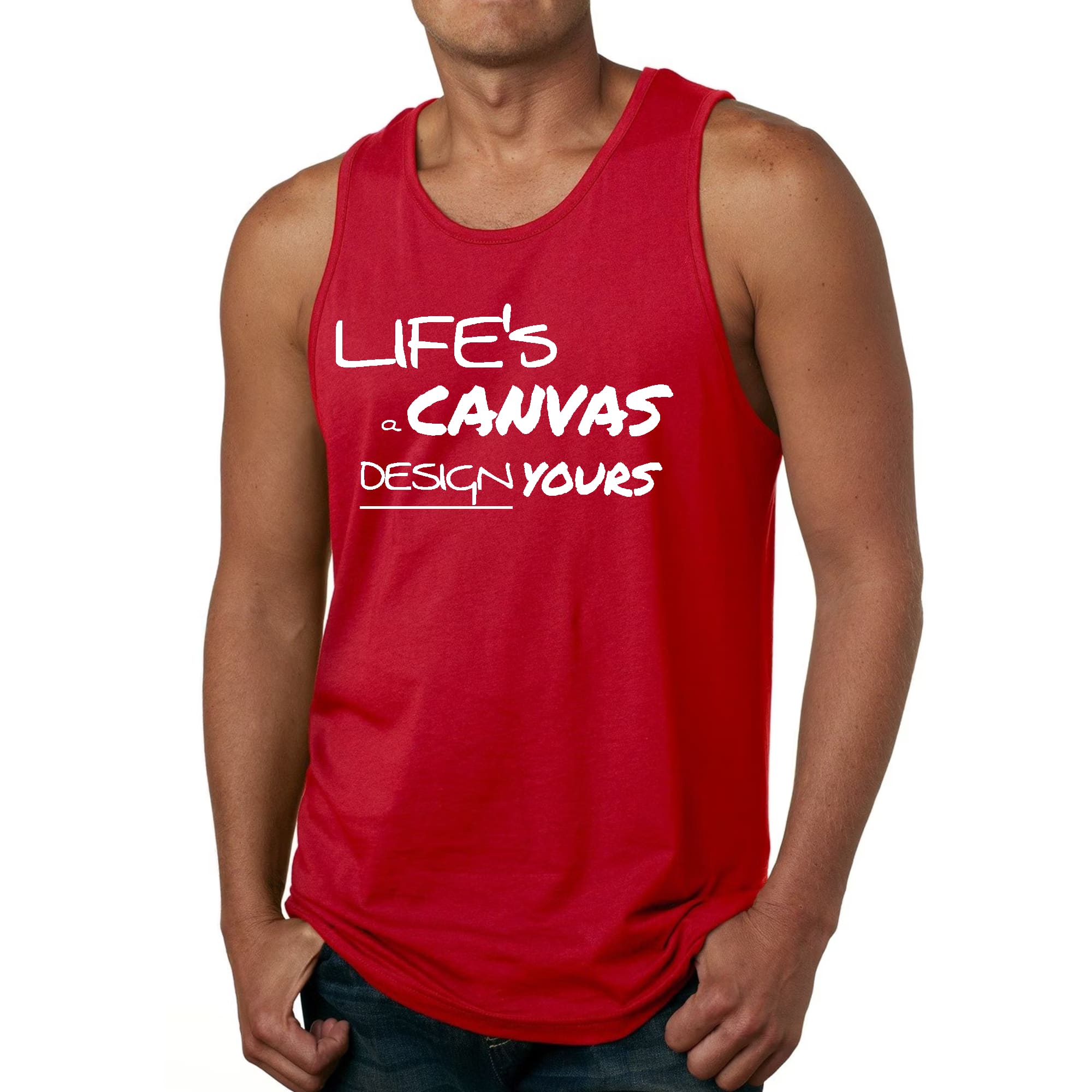 Men's Fitness Tank Top featuring Life's a Canvas graphic design, made from soft preshrunk cotton for comfort and durability.