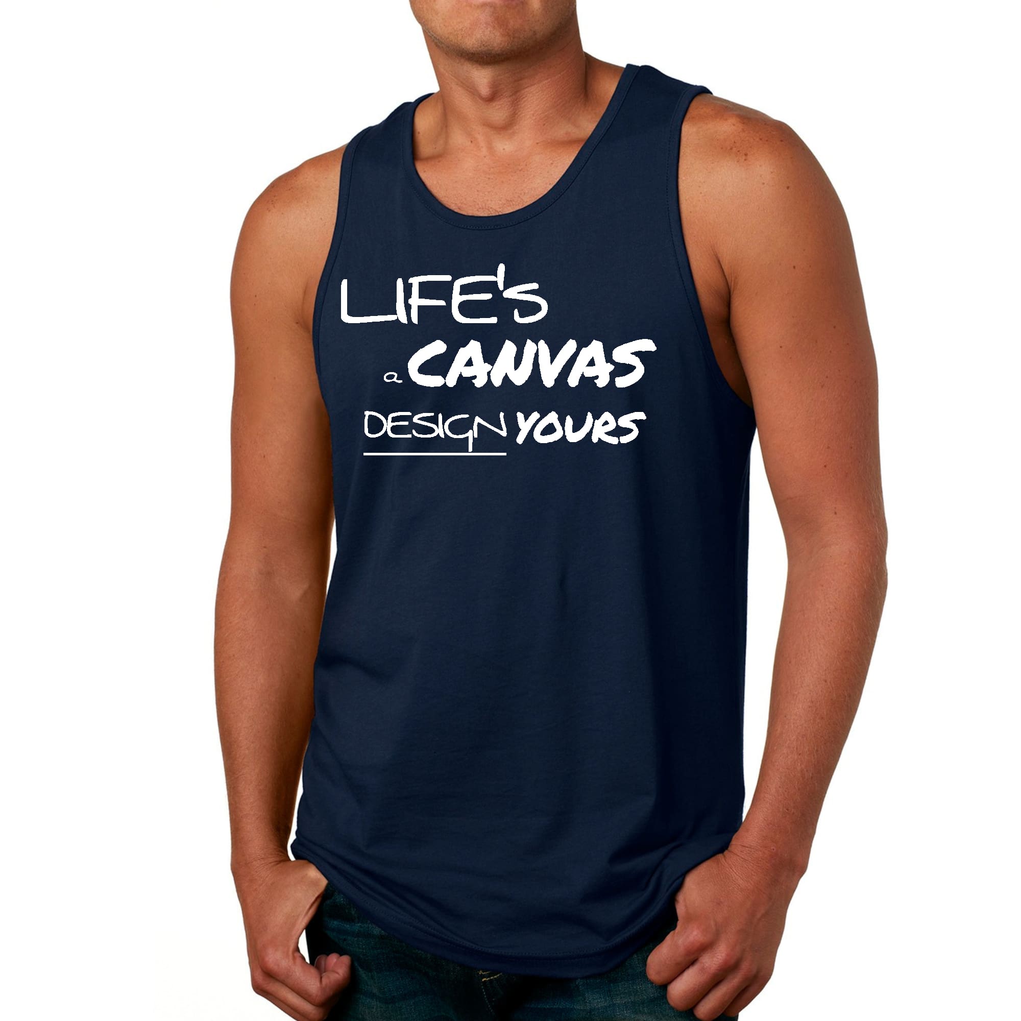 Men's Fitness Tank Top featuring Life's a Canvas graphic design, made from soft preshrunk cotton for comfort and durability.