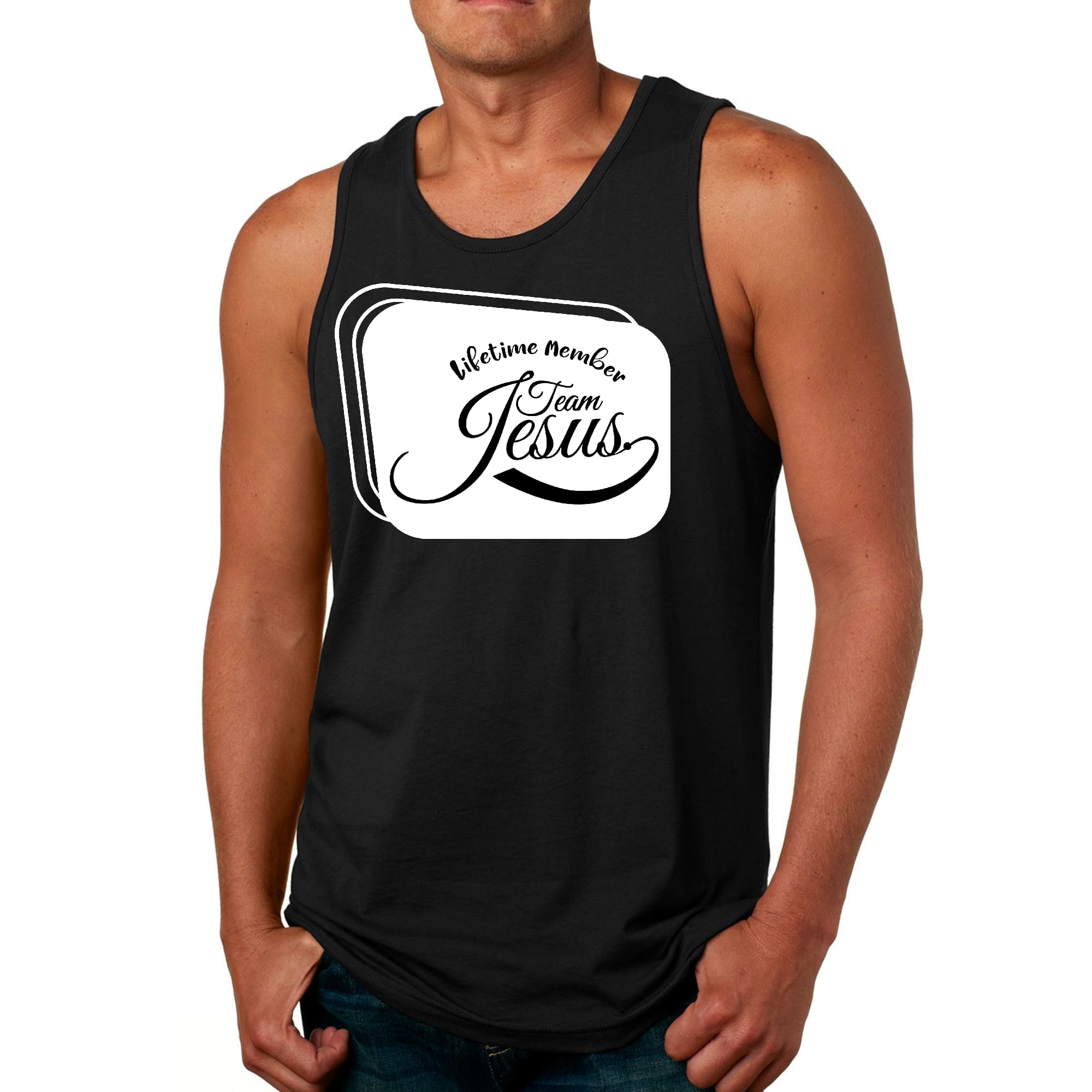 Men's Fitness Tank Top Graphic T-shirt featuring Team Jesus design, made from soft preshrunk cotton for comfort and durability.