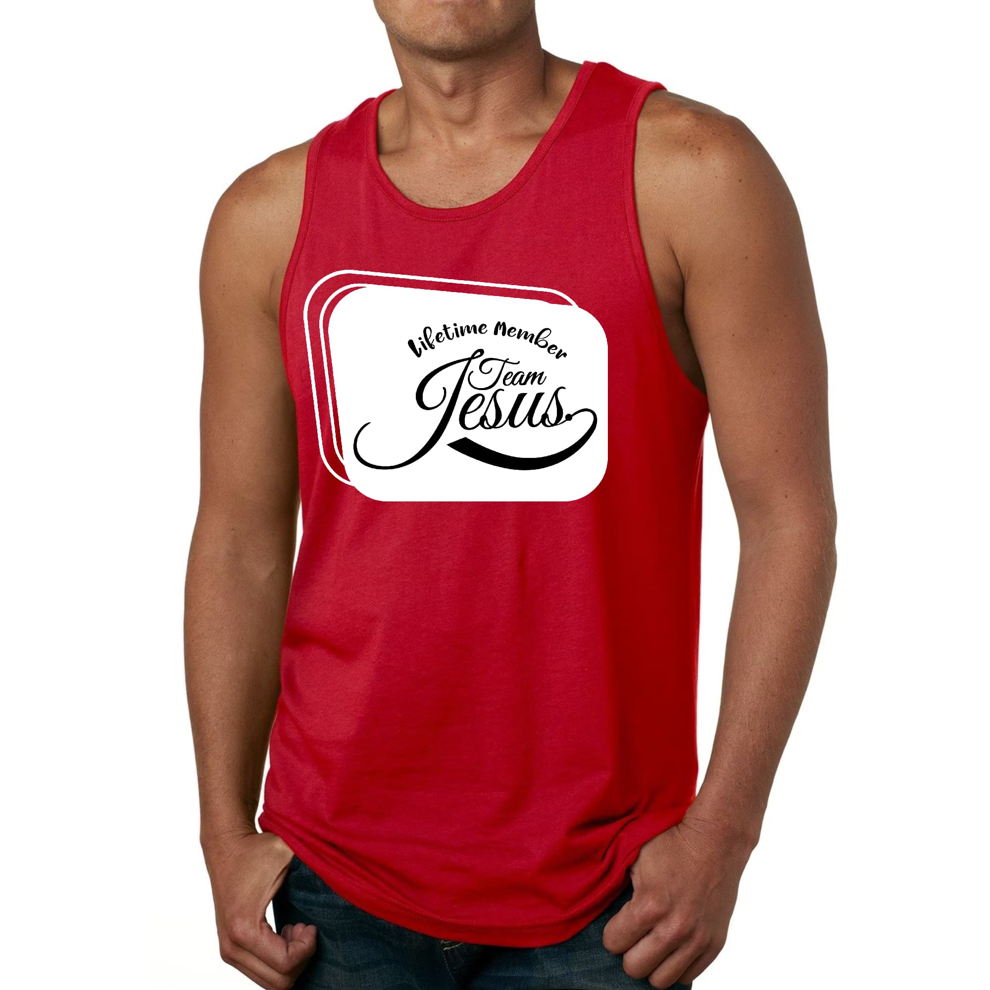 Men's Fitness Tank Top Graphic T-shirt featuring Team Jesus design, made from soft preshrunk cotton for comfort and durability.