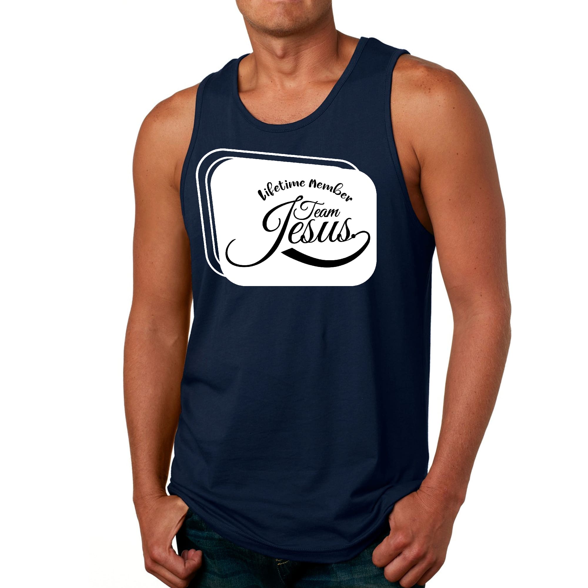 Men's Fitness Tank Top Graphic T-shirt featuring Team Jesus design, made from soft preshrunk cotton for comfort and durability.