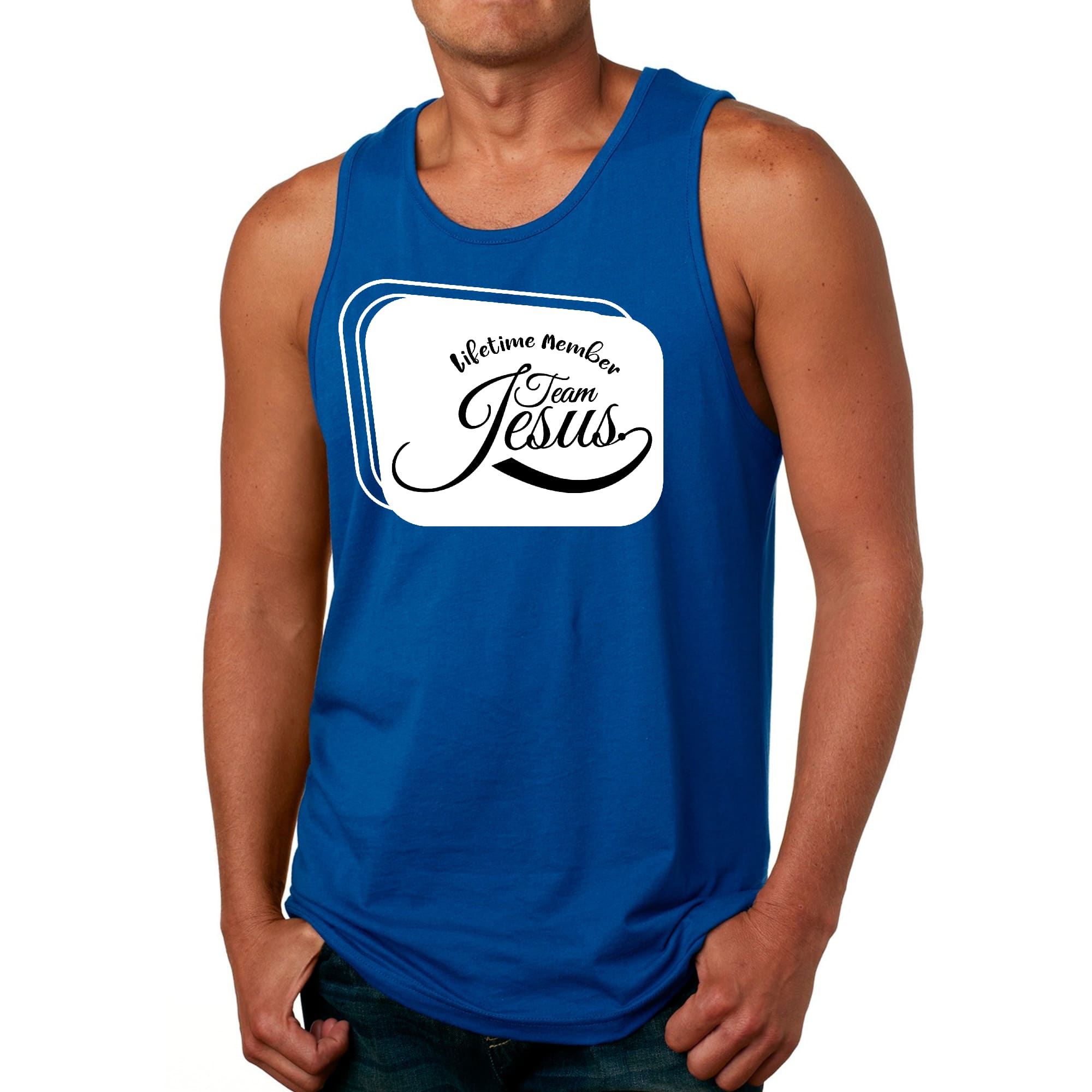 Men's Fitness Tank Top Graphic T-shirt featuring Team Jesus design, made from soft preshrunk cotton for comfort and durability.