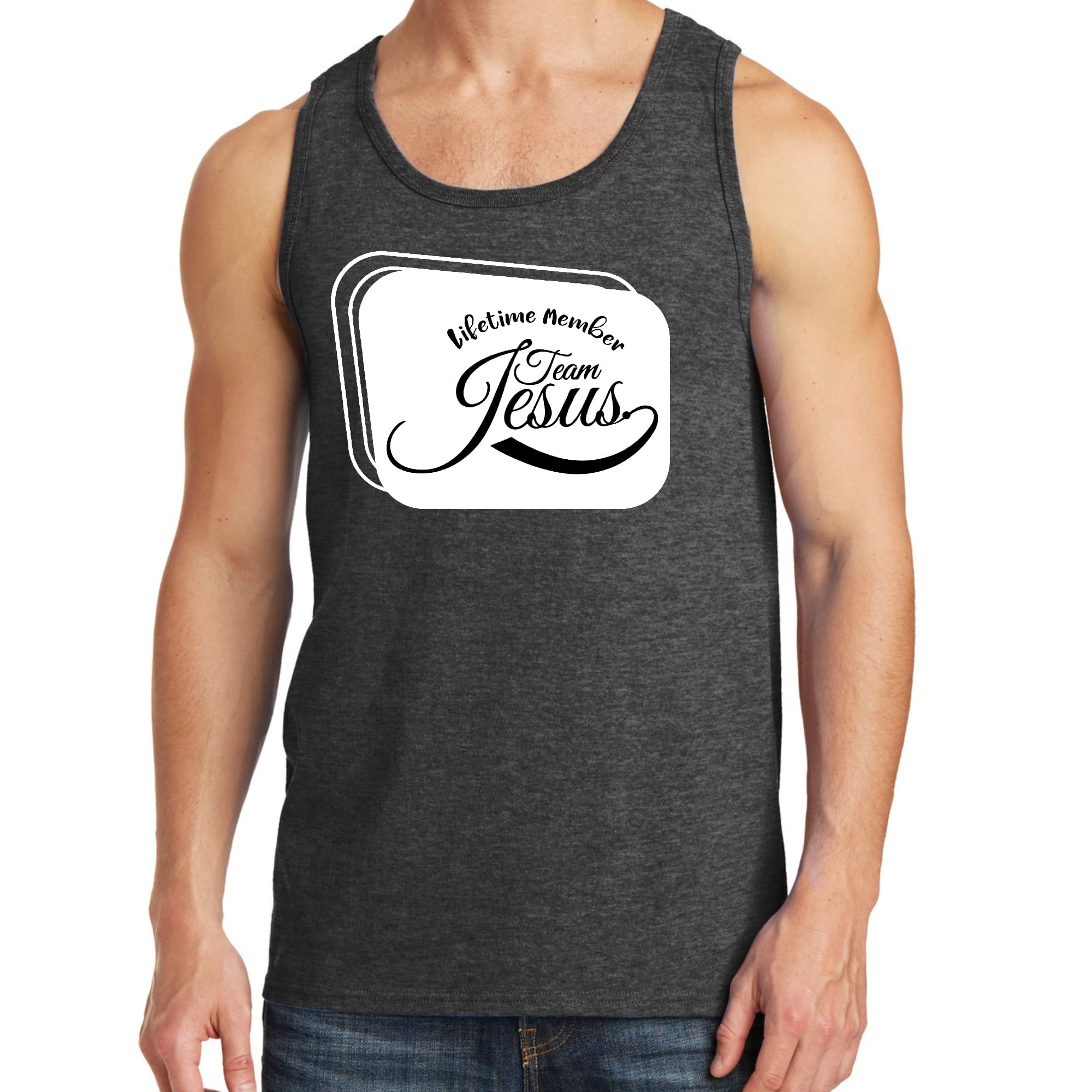 Men's Fitness Tank Top Graphic T-shirt featuring Team Jesus design, made from soft preshrunk cotton for comfort and durability.