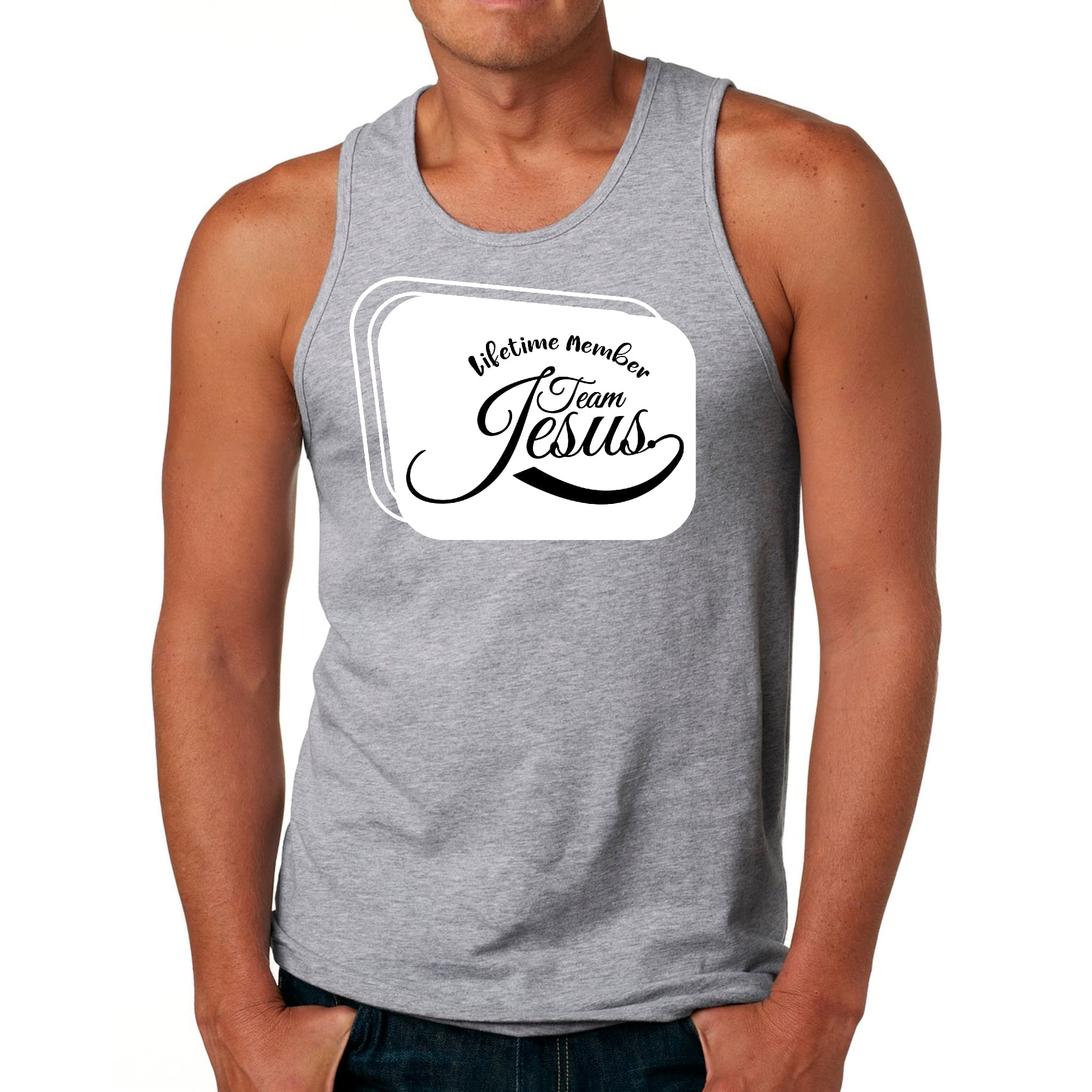 Men's Fitness Tank Top Graphic T-shirt featuring Team Jesus design, made from soft preshrunk cotton for comfort and durability.
