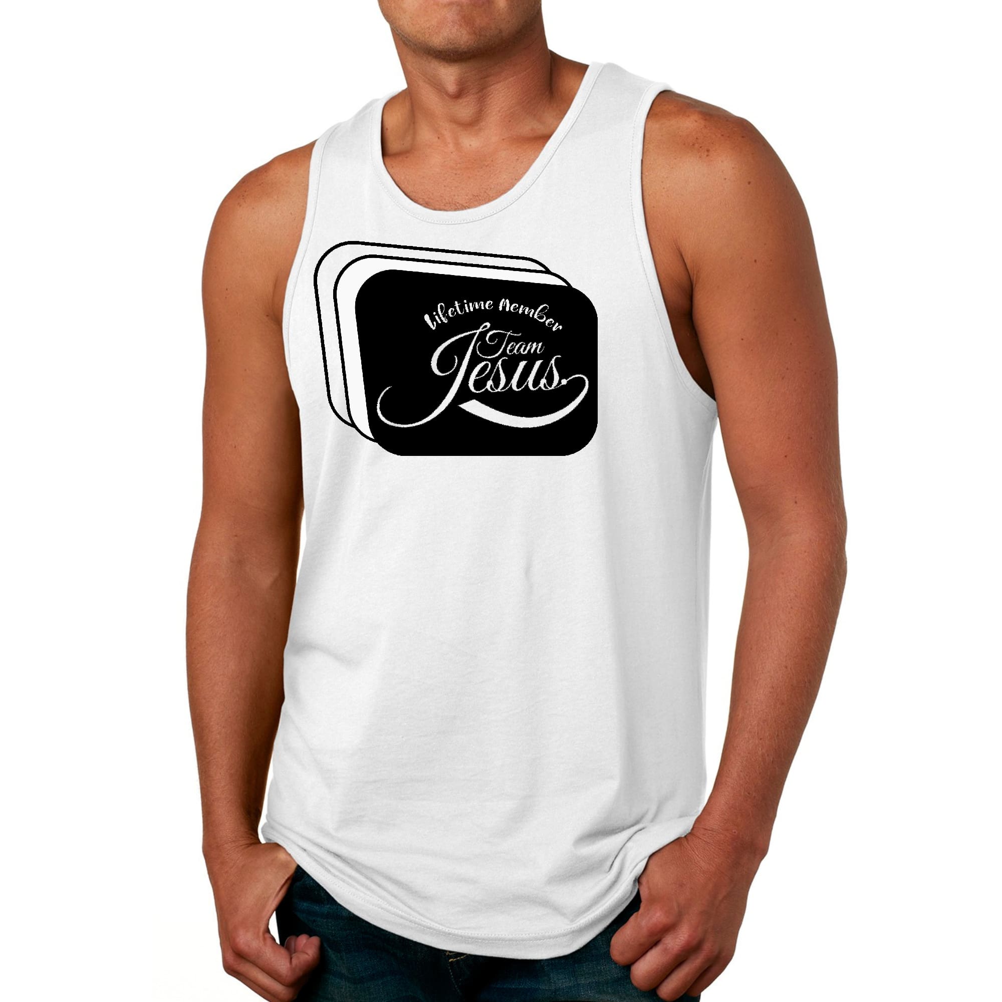 Men's Fitness Tank Top Graphic T-shirt featuring Team Jesus design, made from soft preshrunk cotton for comfort and durability.