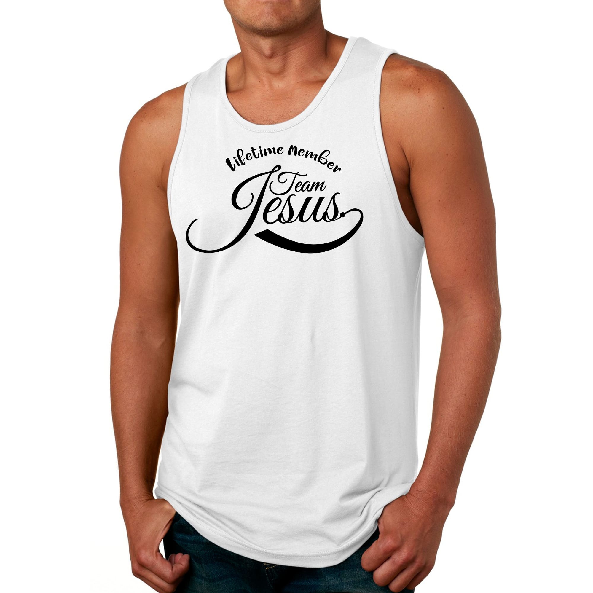Men's Fitness Tank Top Graphic T-shirt featuring Team Jesus design, made from soft preshrunk cotton for comfort and durability.