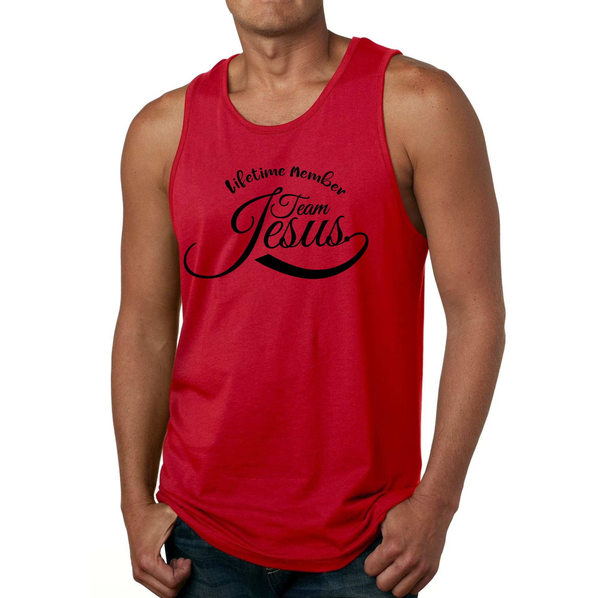 Men's Fitness Tank Top Graphic T-shirt featuring Team Jesus design, made from soft preshrunk cotton for comfort and durability.