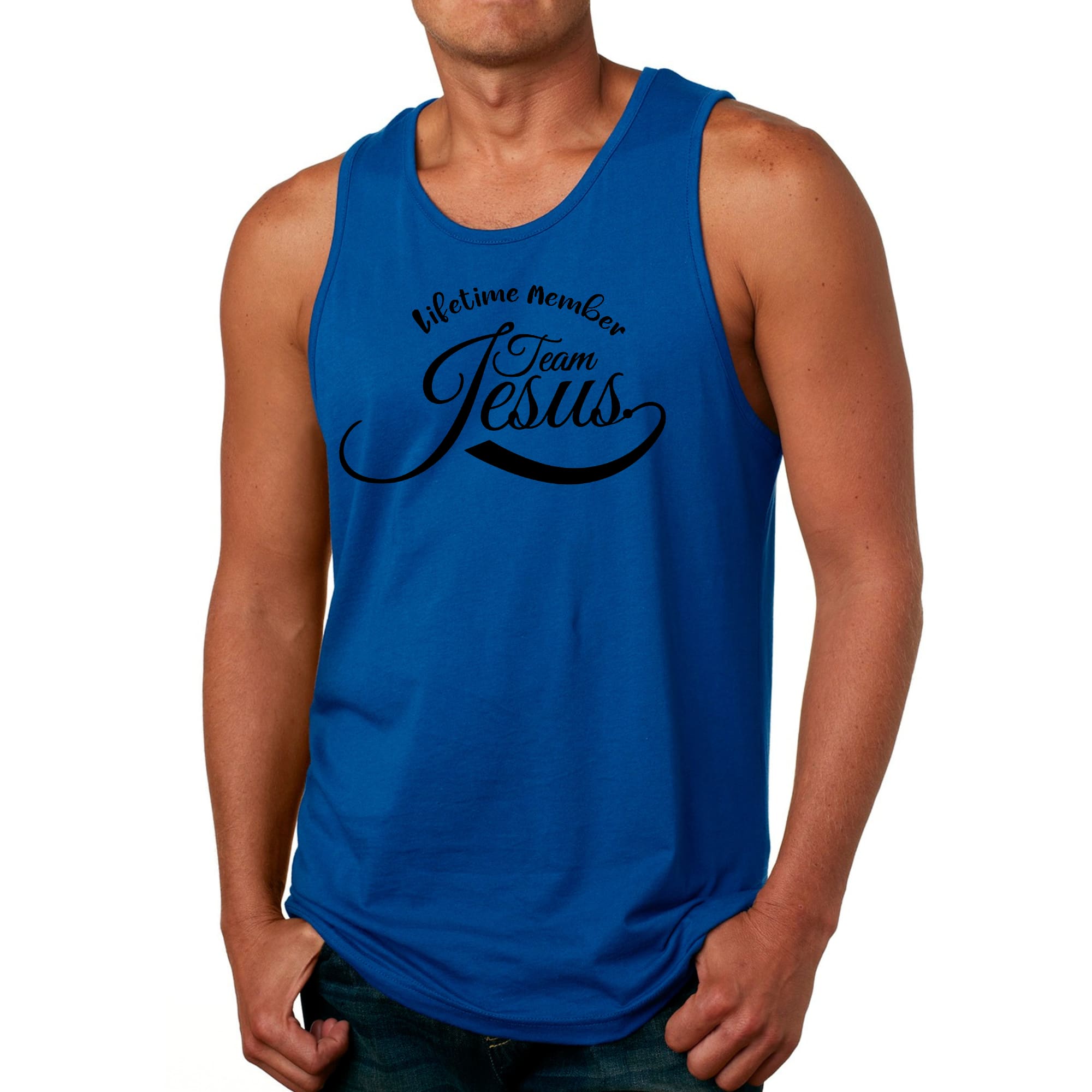 Men's Fitness Tank Top Graphic T-shirt featuring Team Jesus design, made from soft preshrunk cotton for comfort and durability.
