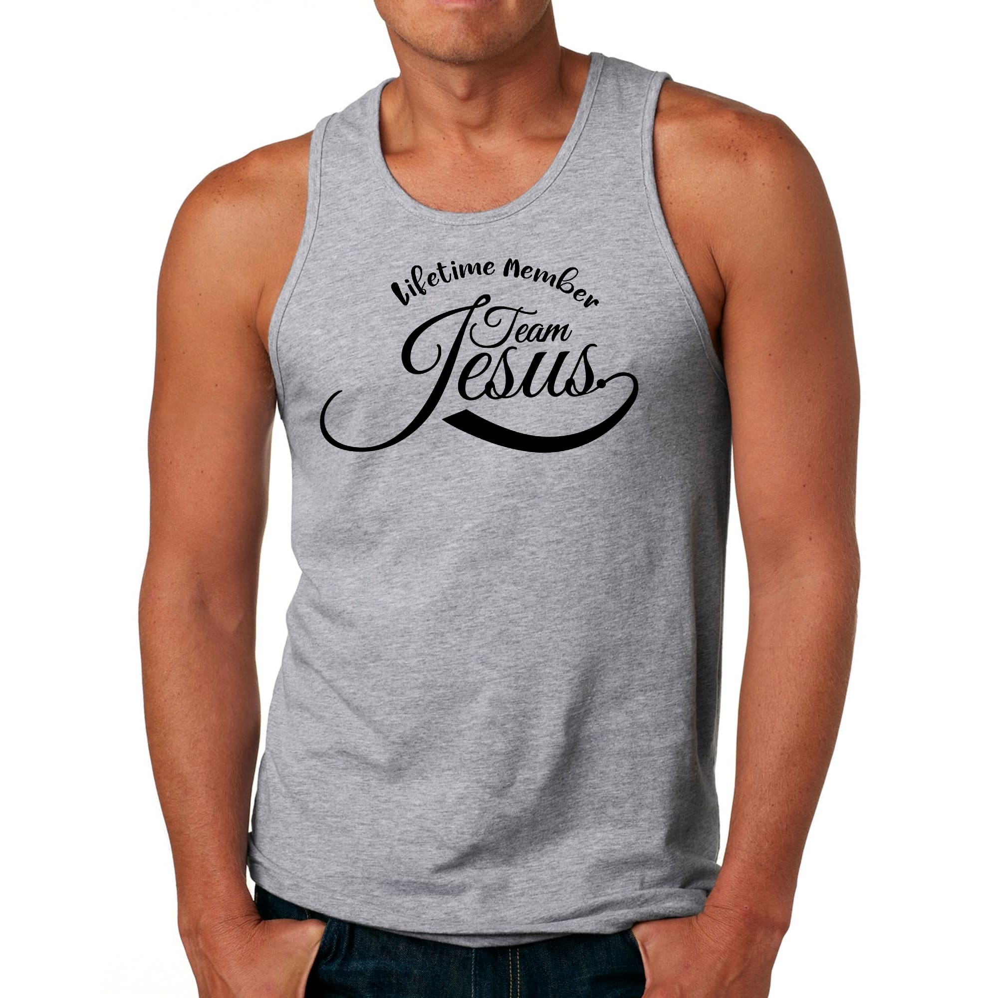 Men's Fitness Tank Top Graphic T-shirt featuring Team Jesus design, made from soft preshrunk cotton for comfort and durability.