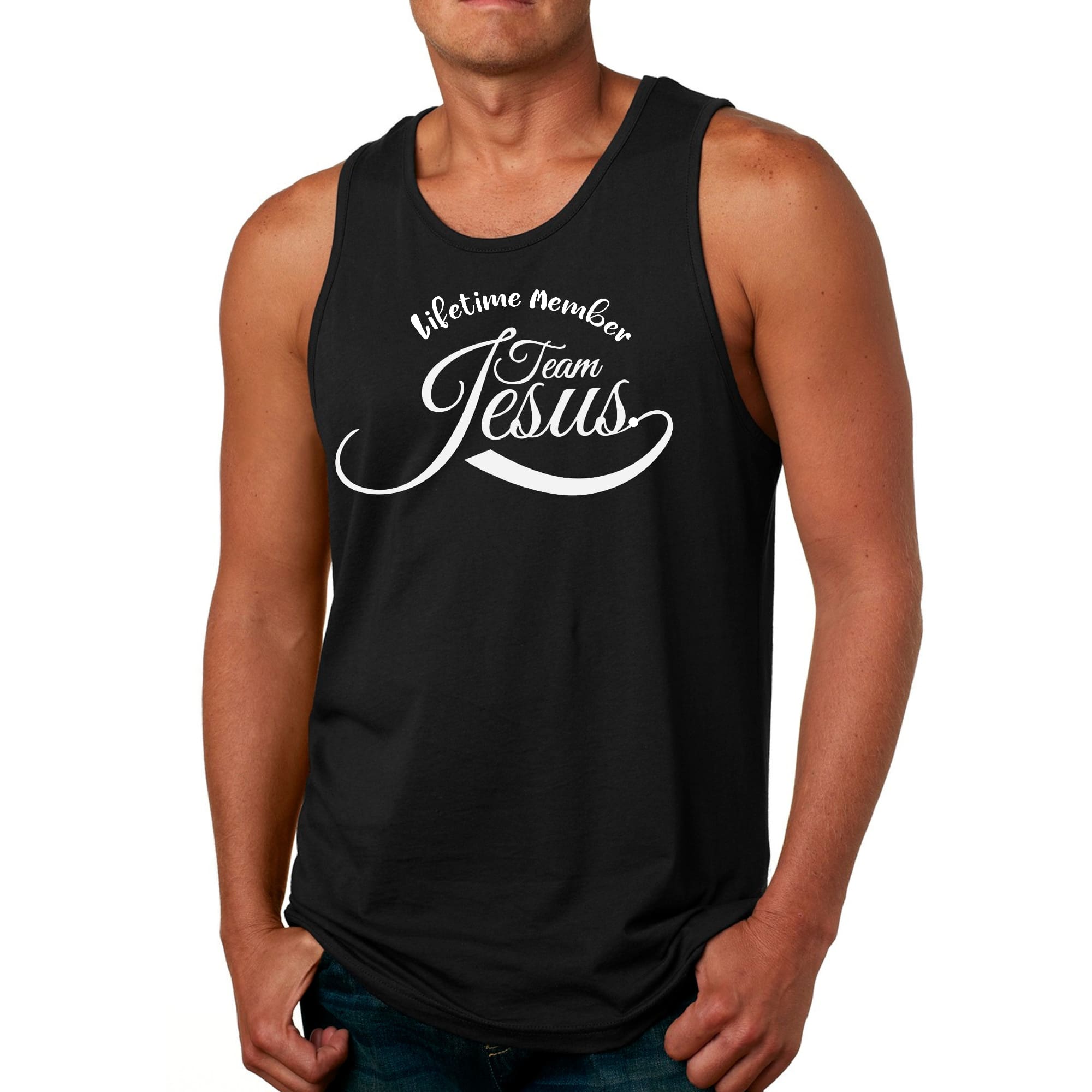 Men's Fitness Tank Top Graphic T-shirt featuring Team Jesus design, made from soft preshrunk cotton for comfort during workouts.