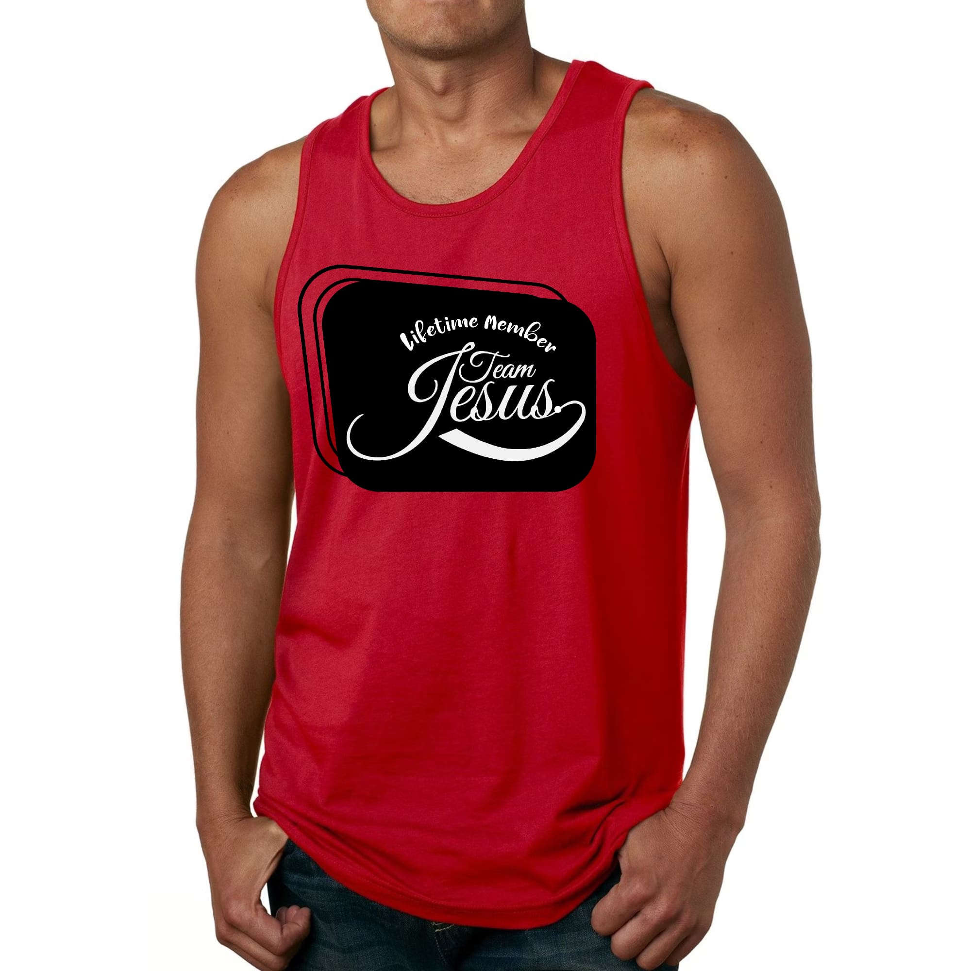 Men's Fitness Tank Top Graphic T-shirt featuring 'Lifetime Member Team Jesus' design, made from soft preshrunk cotton.