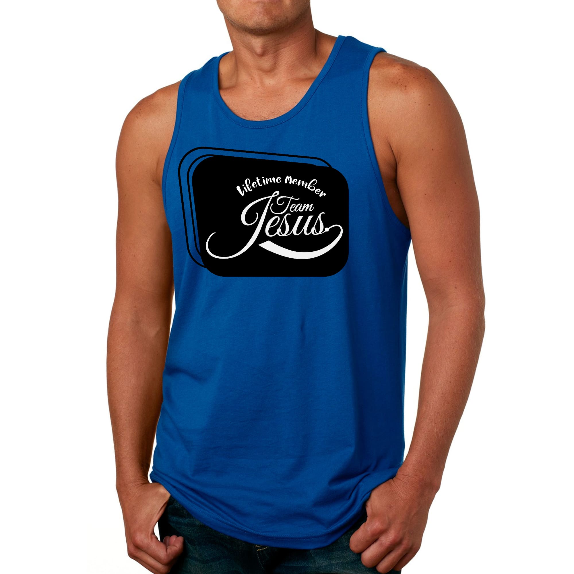 Men's Fitness Tank Top Graphic T-shirt featuring 'Lifetime Member Team Jesus' design, made from soft preshrunk cotton.