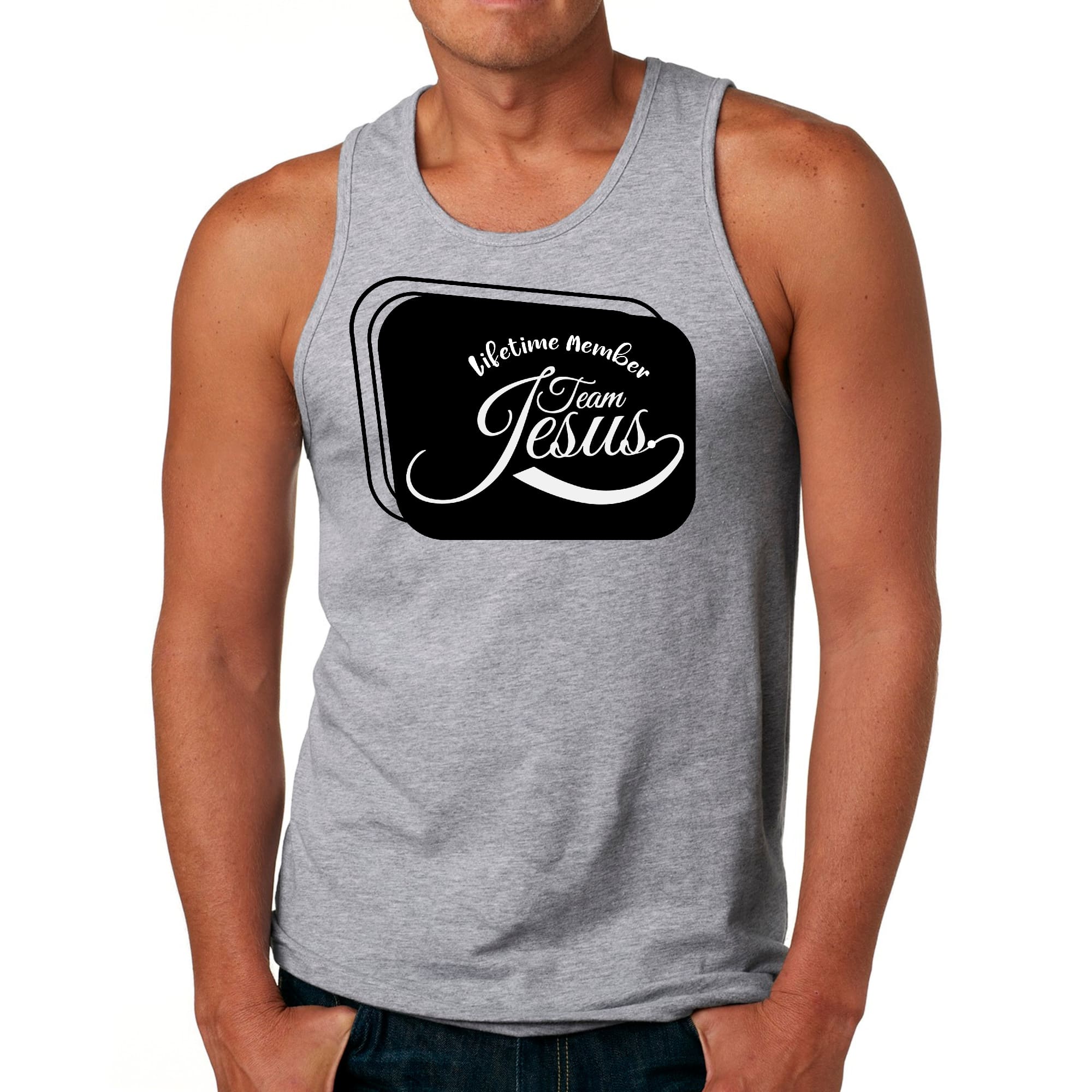 Men's Fitness Tank Top Graphic T-shirt featuring 'Lifetime Member Team Jesus' design, made from soft preshrunk cotton.