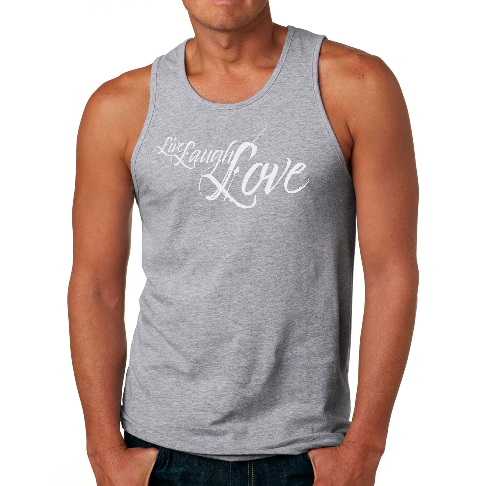 Men's light grey fitness tank top with 'Live Laugh Love' graphic design, made from soft preshrunk cotton for comfort.