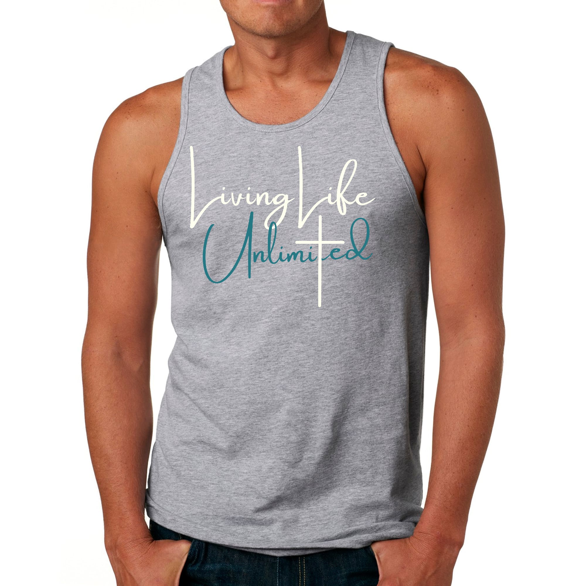 Men's Fitness Tank Top Graphic T-shirt featuring 'Living Life Unlimited' design, made from soft preshrunk cotton for comfort.