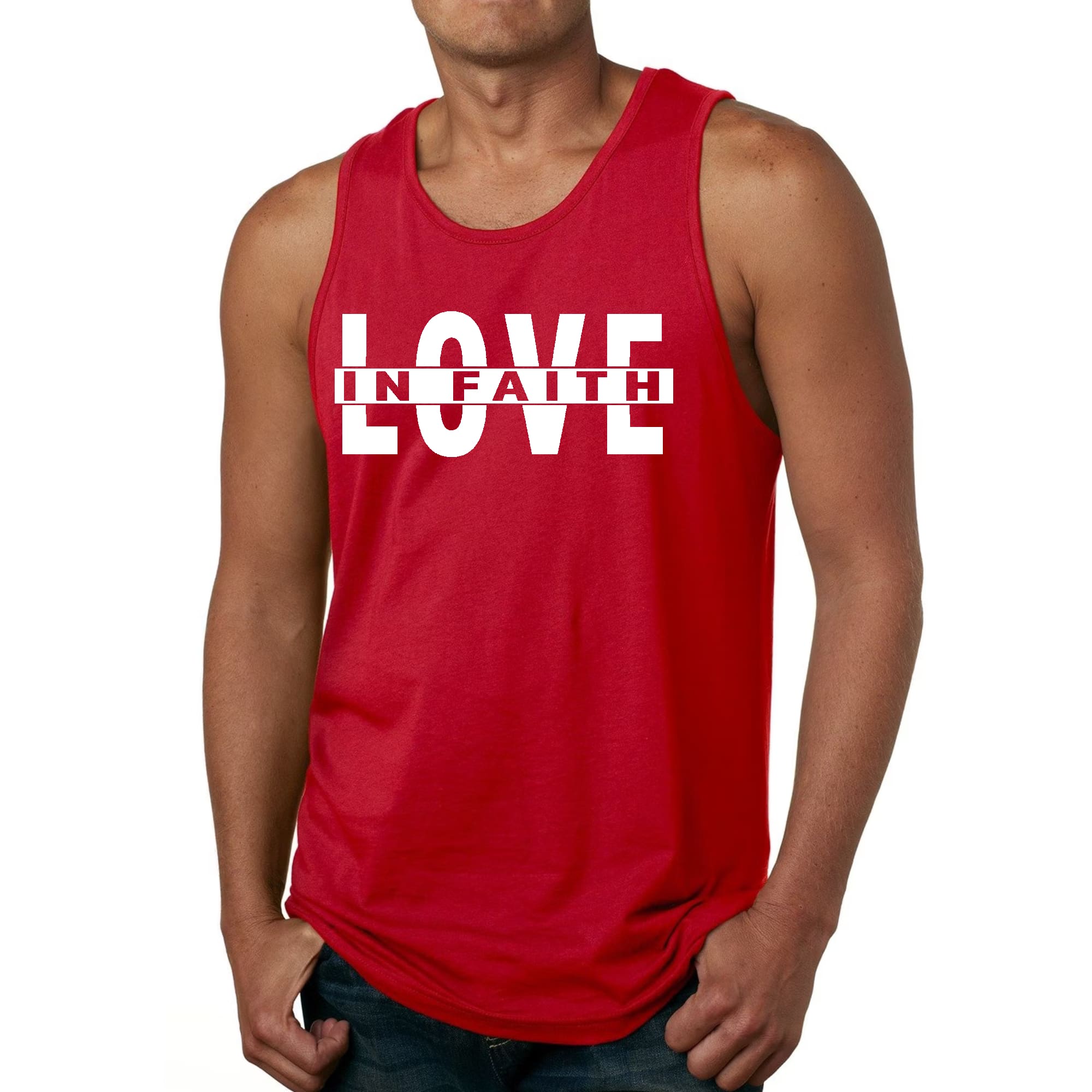 Men's Fitness Tank Top Graphic T-shirt featuring 'Love in Faith' design, made from soft preshrunk cotton, ideal for workouts and casual wear.