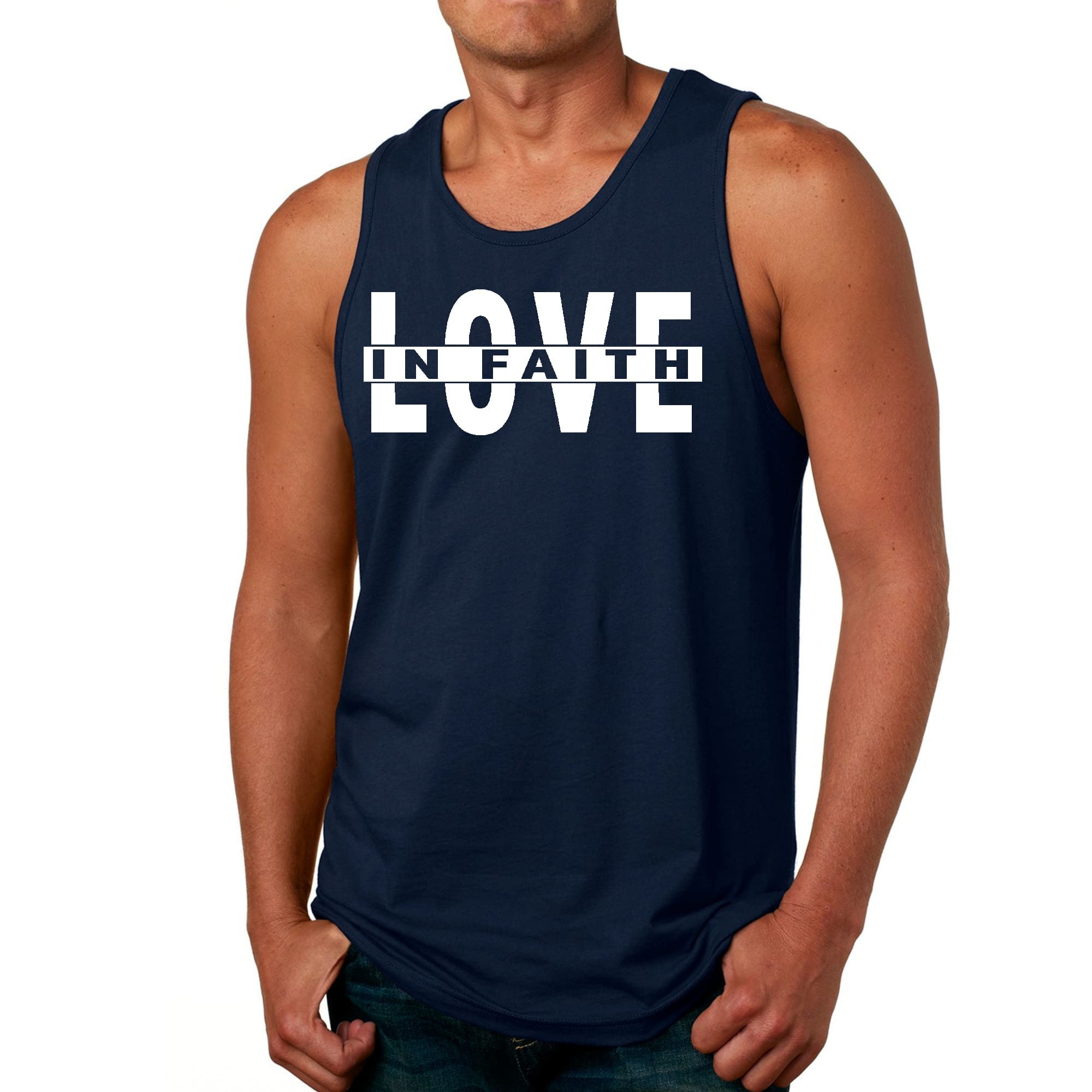 Men's Fitness Tank Top Graphic T-shirt featuring 'Love in Faith' design, made from soft preshrunk cotton, ideal for workouts and casual wear.