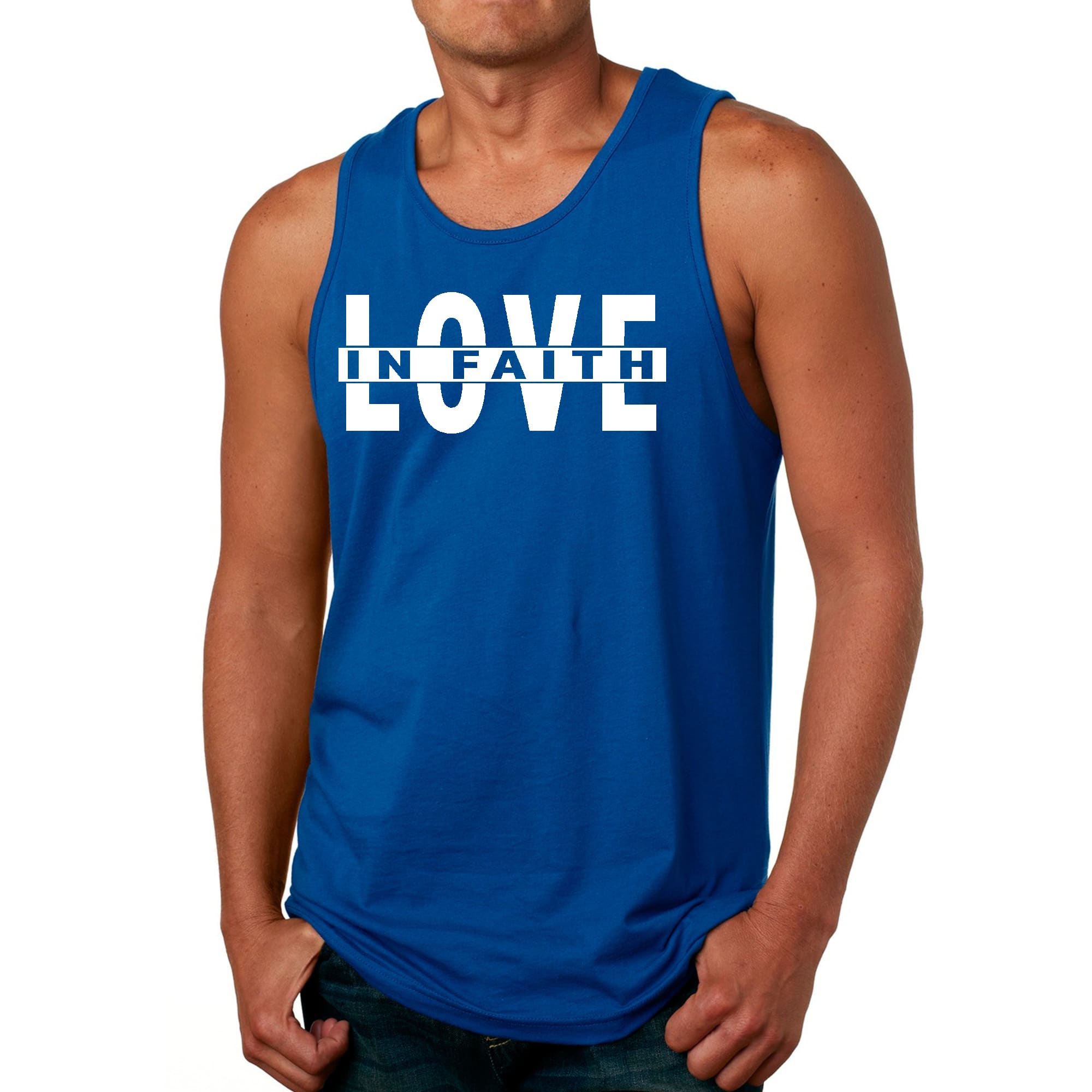 Men's Fitness Tank Top Graphic T-shirt featuring 'Love in Faith' design, made from soft preshrunk cotton, ideal for workouts and casual wear.