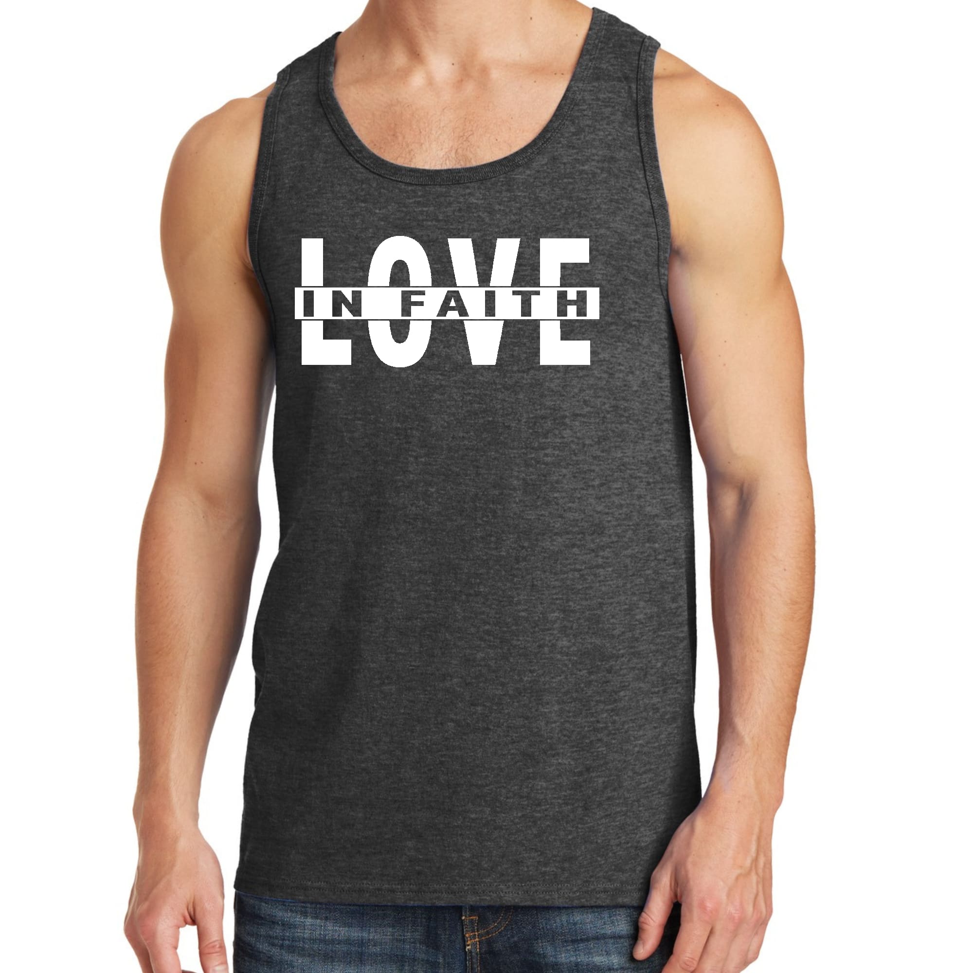 Men's Fitness Tank Top Graphic T-shirt featuring 'Love in Faith' design, made from soft preshrunk cotton, ideal for workouts and casual wear.