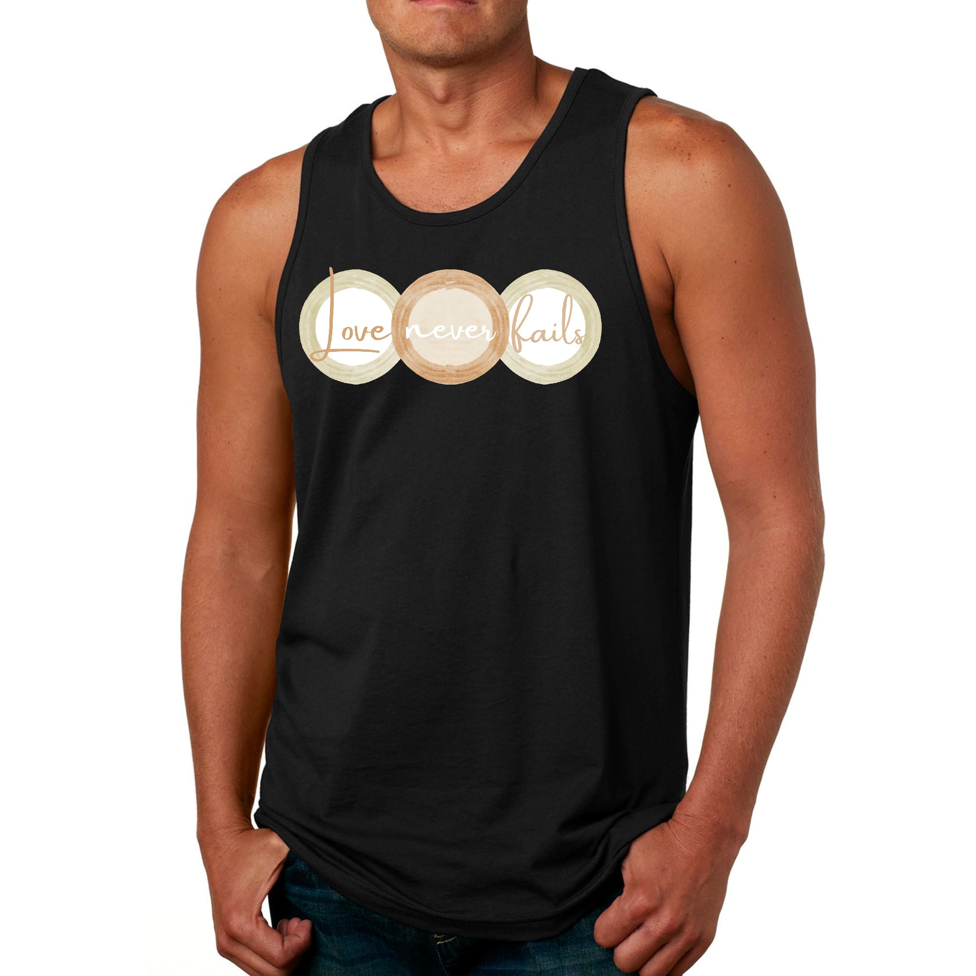 Men's Fitness Tank Top in pastel brown with 'Love Never Fails' graphic design, featuring circular shapes in beige and green.