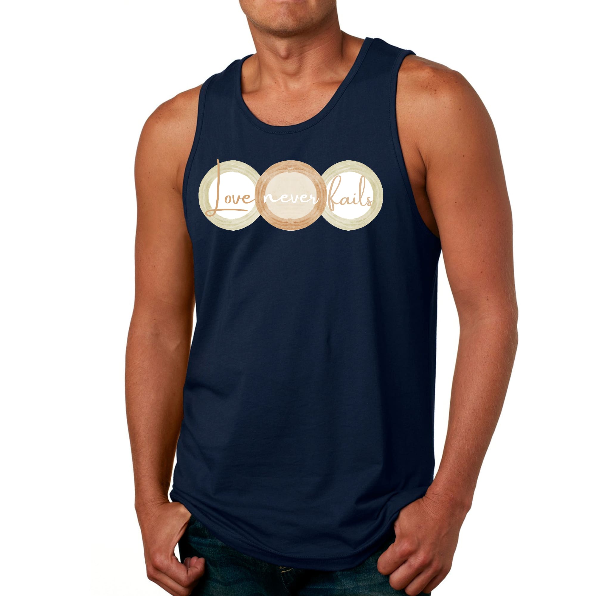 Men's Fitness Tank Top in pastel brown with 'Love Never Fails' graphic design, featuring circular shapes in beige and green.