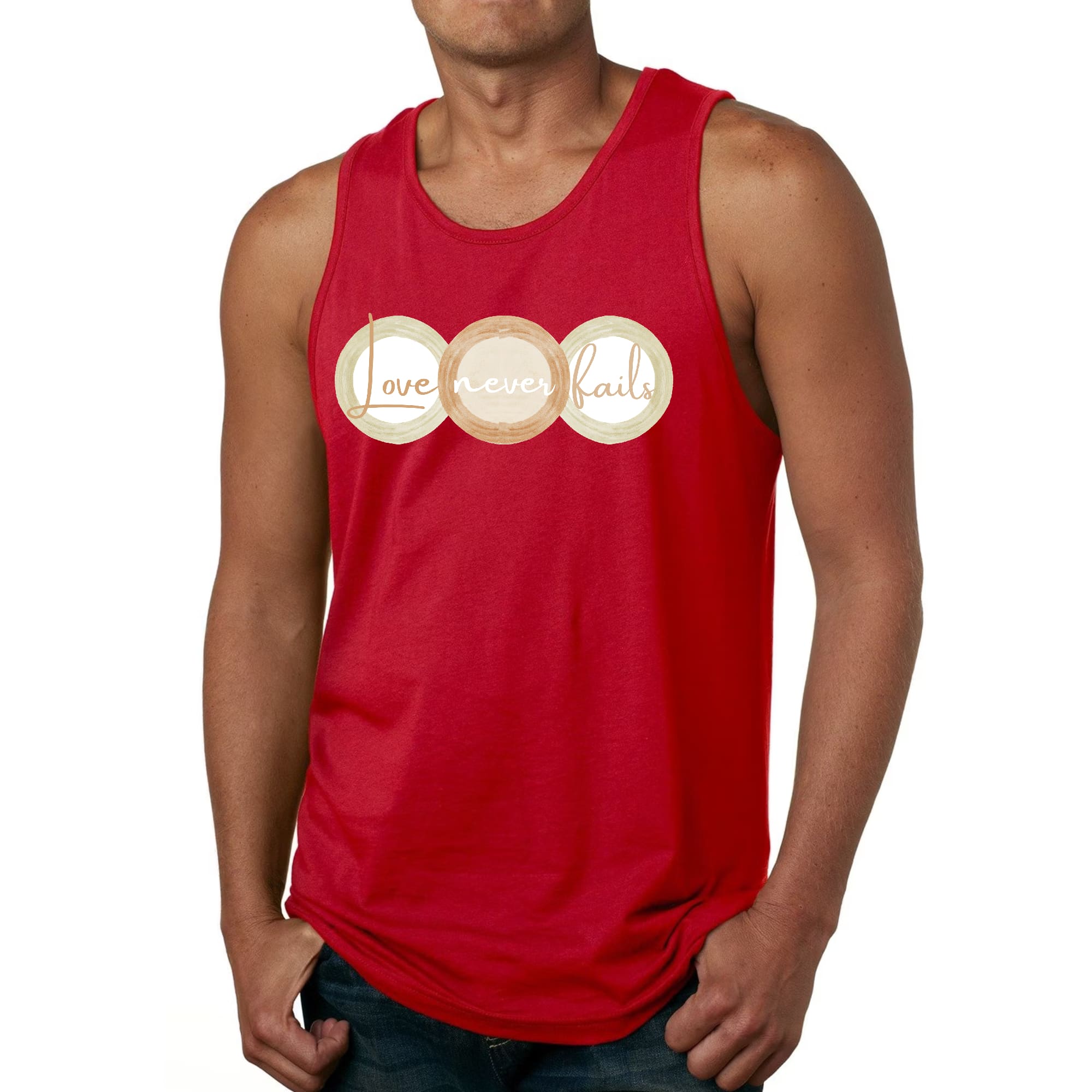 Men's Fitness Tank Top in pastel brown with 'Love Never Fails' graphic design, featuring circular shapes in beige and green.