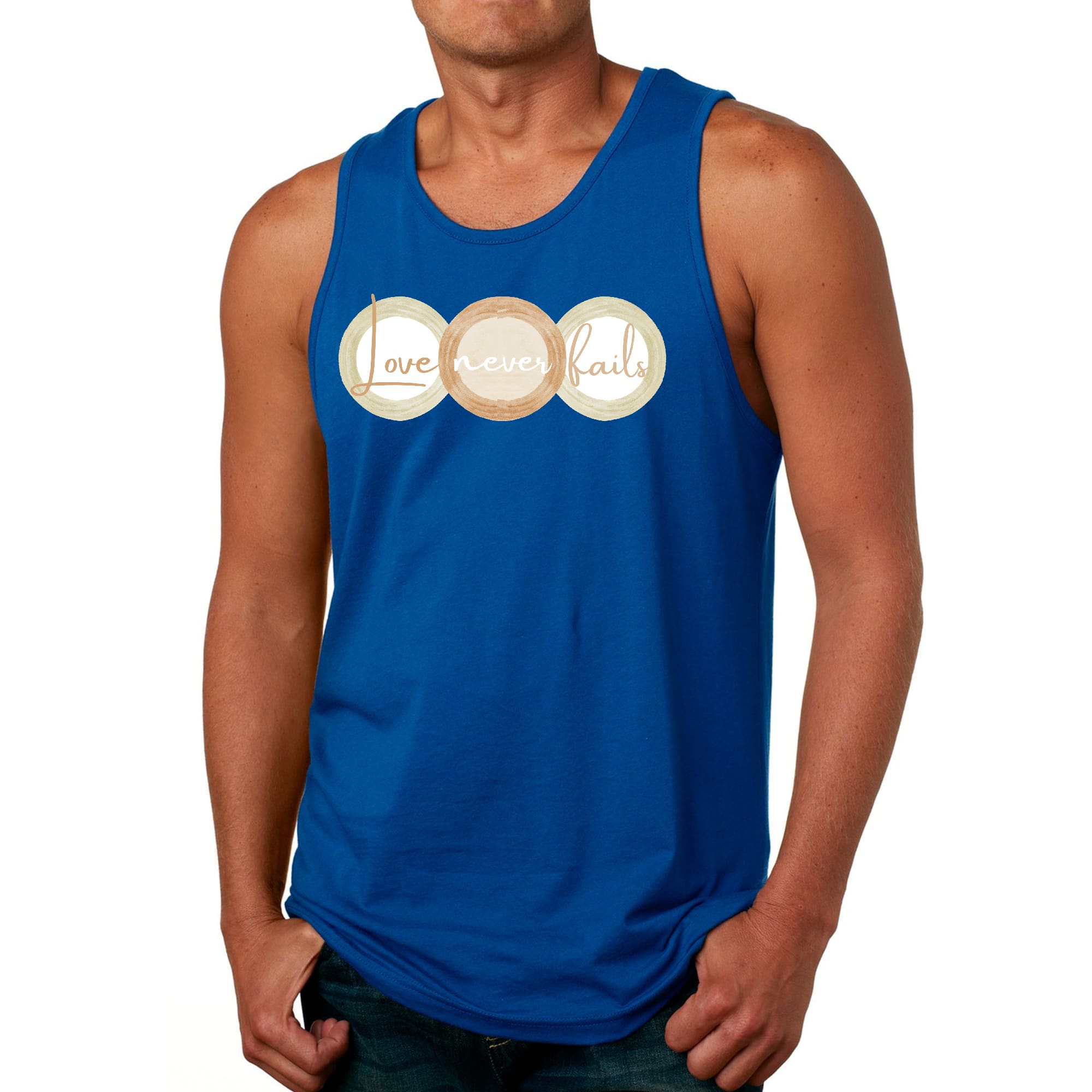 Men's Fitness Tank Top in pastel brown with 'Love Never Fails' graphic design, featuring circular shapes in beige and green.