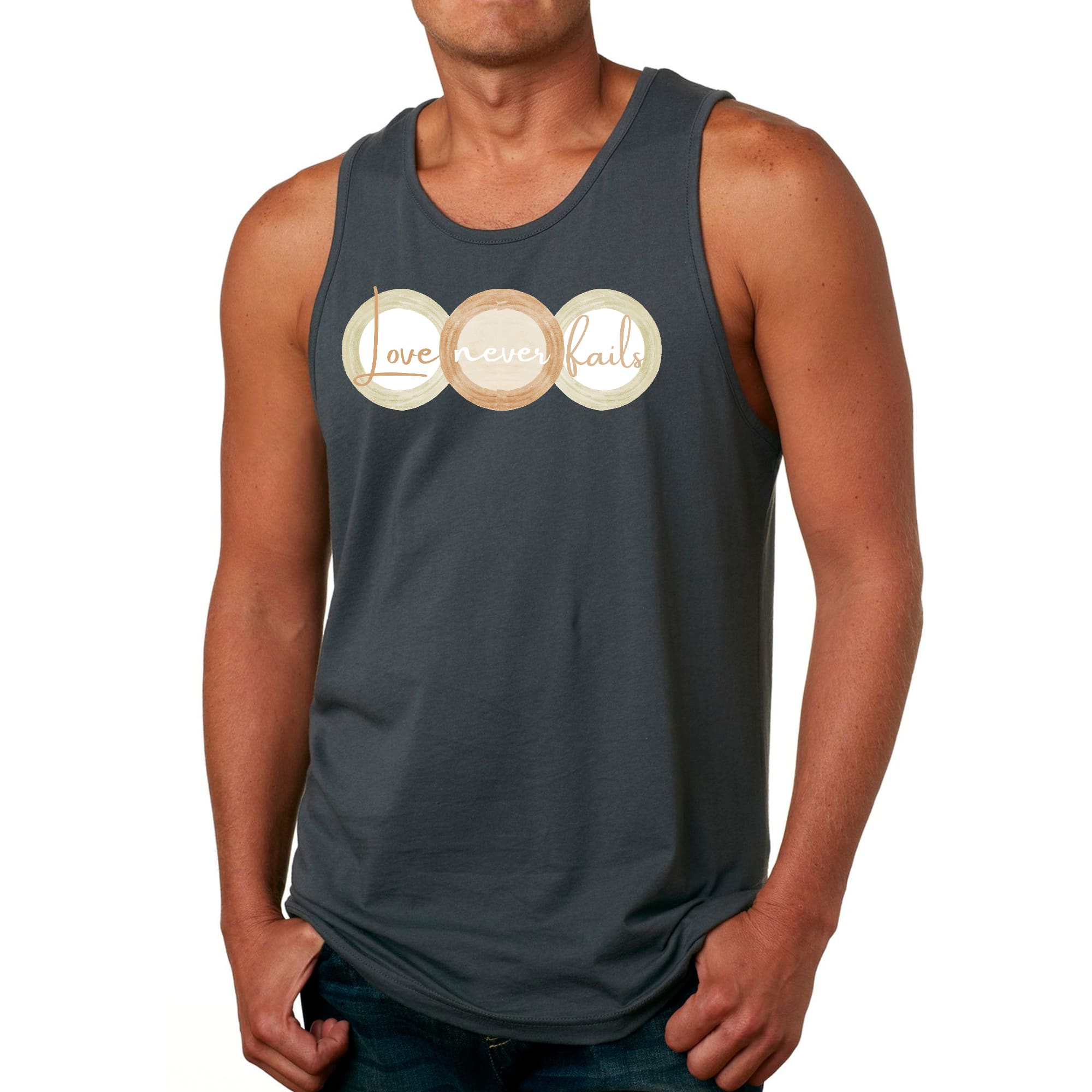 Men's Fitness Tank Top in pastel brown with 'Love Never Fails' graphic design, featuring circular shapes in beige and green.