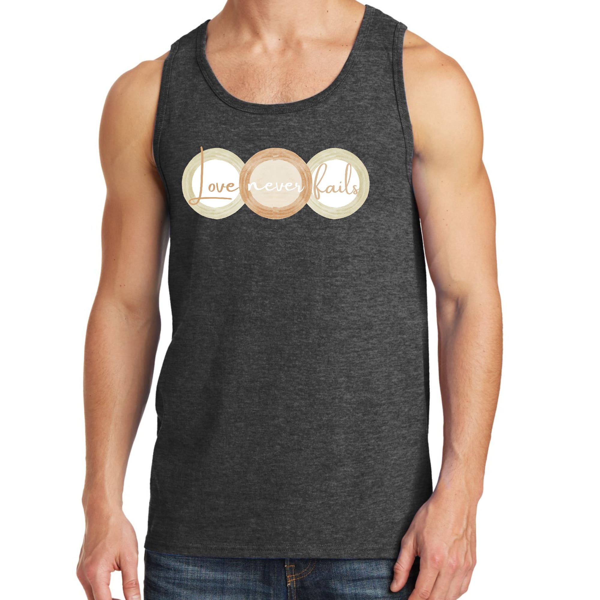 Men's Fitness Tank Top in pastel brown with 'Love Never Fails' graphic design, featuring circular shapes in beige and green.