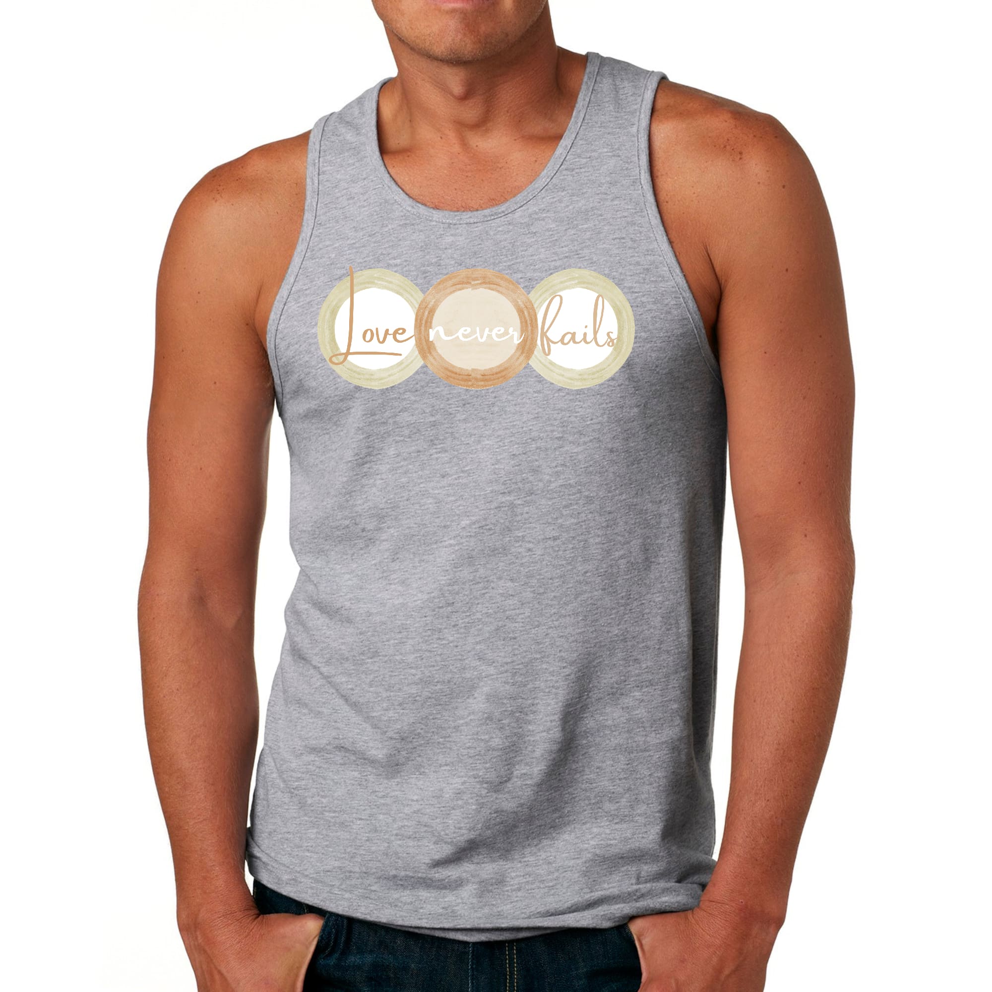 Men's Fitness Tank Top in pastel brown with 'Love Never Fails' graphic design, featuring circular shapes in beige and green.