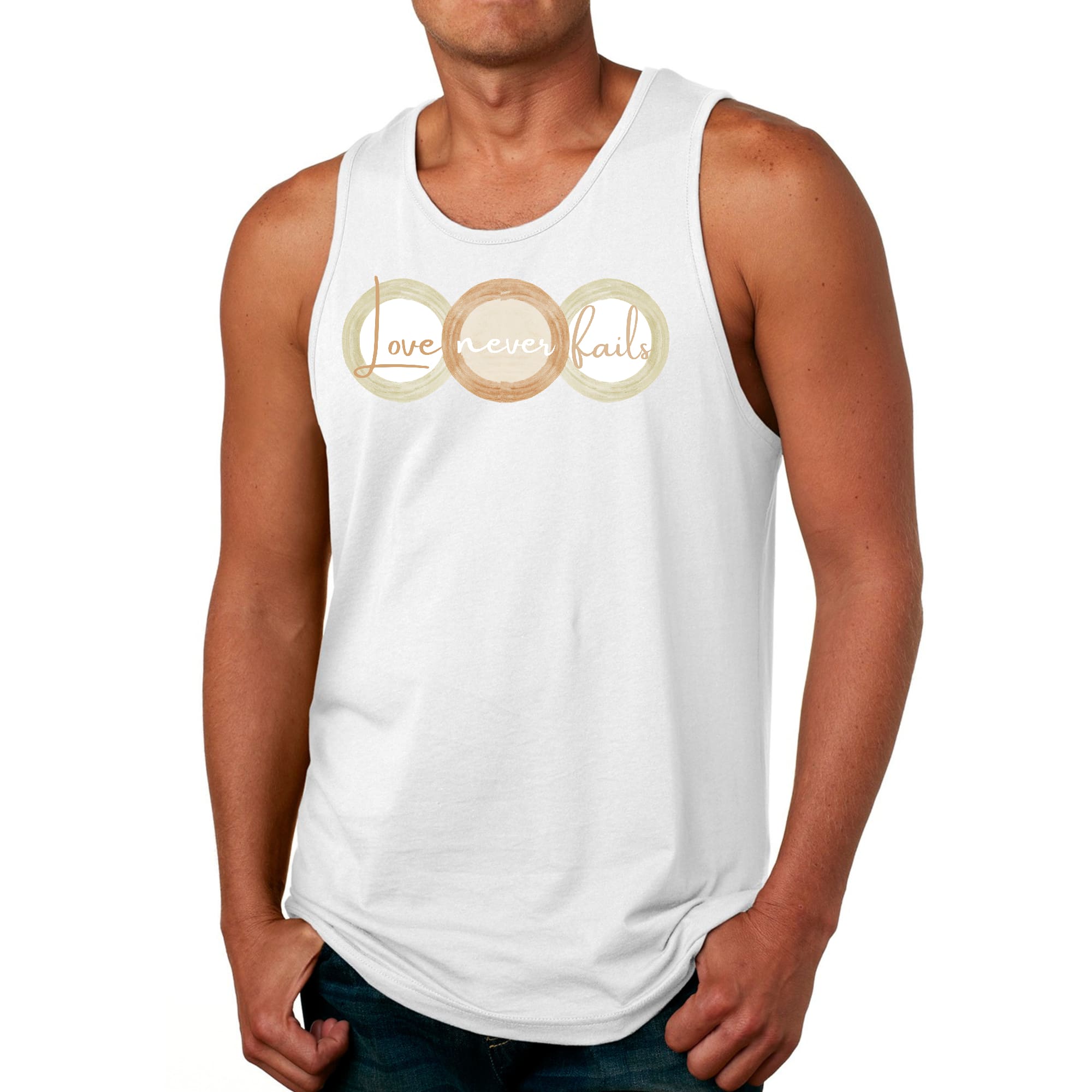 Men's Fitness Tank Top in pastel brown with 'Love Never Fails' graphic design, featuring circular shapes in beige and green.