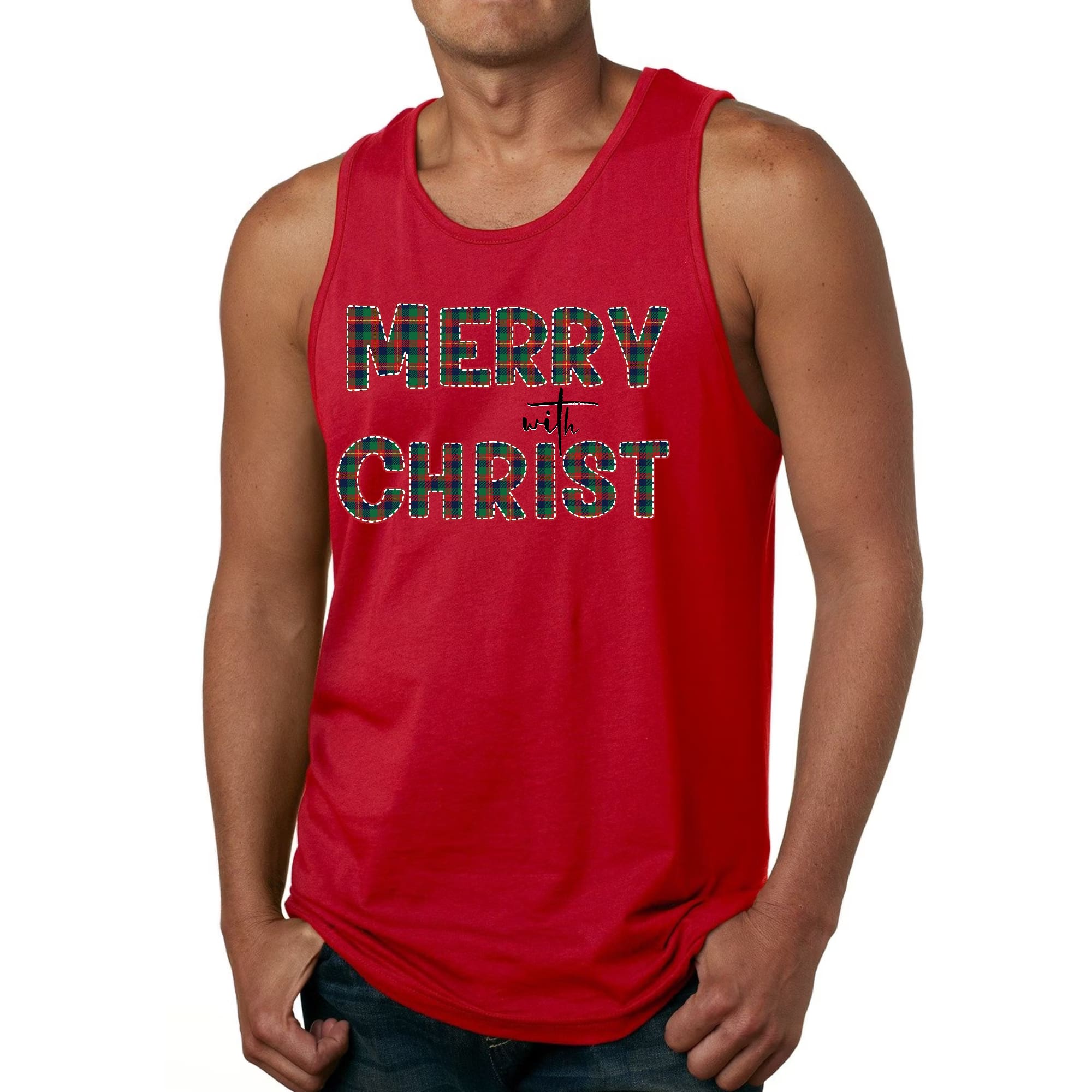 Men's red fitness tank top with Merry with Christ graphic and green plaid pattern, perfect for holiday workouts.