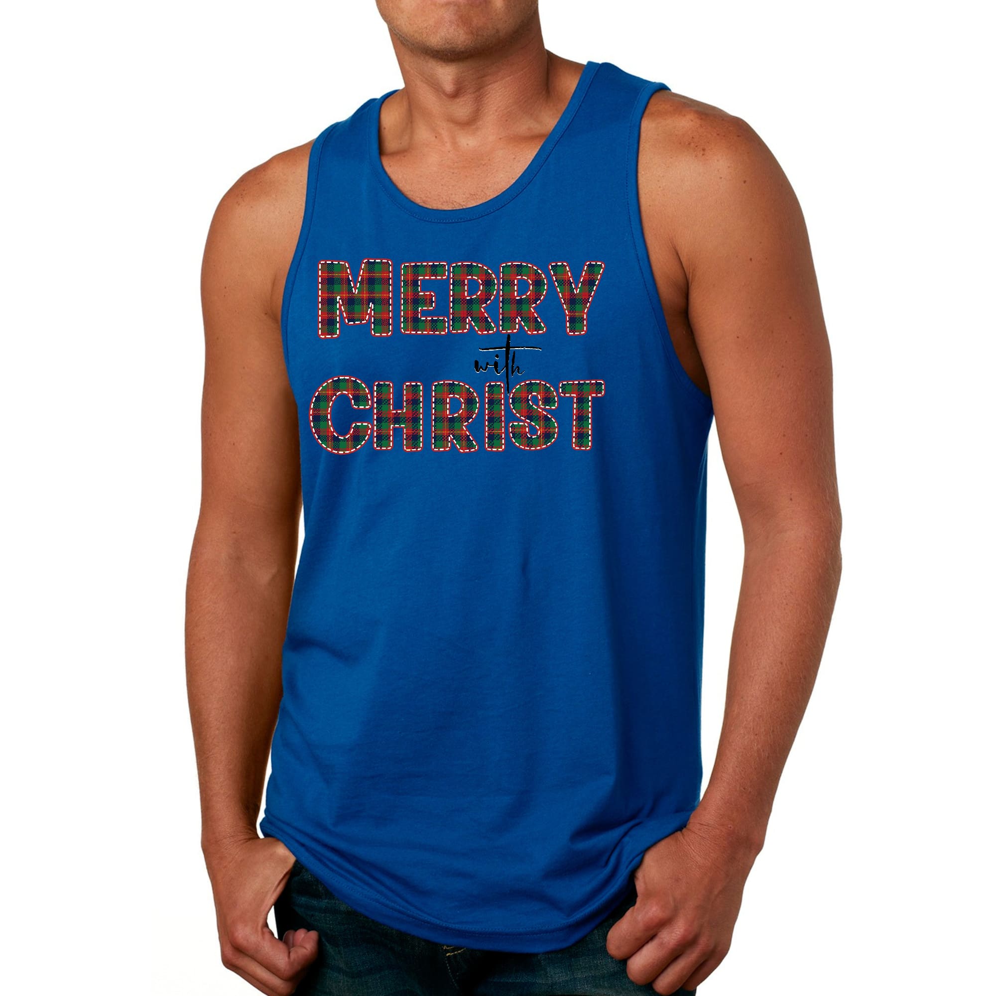 Men's red fitness tank top with Merry with Christ graphic and green plaid pattern, perfect for holiday workouts.