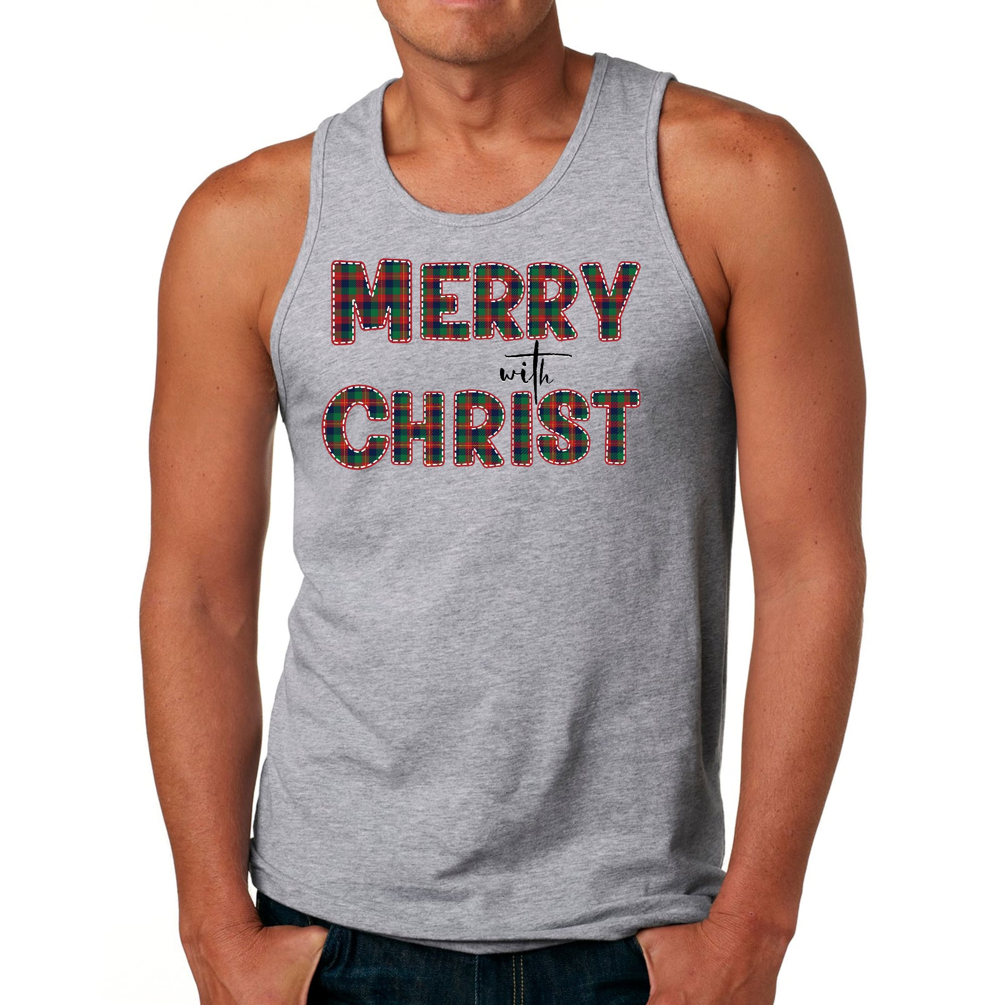 Men's red fitness tank top with Merry with Christ graphic and green plaid pattern, perfect for holiday workouts.