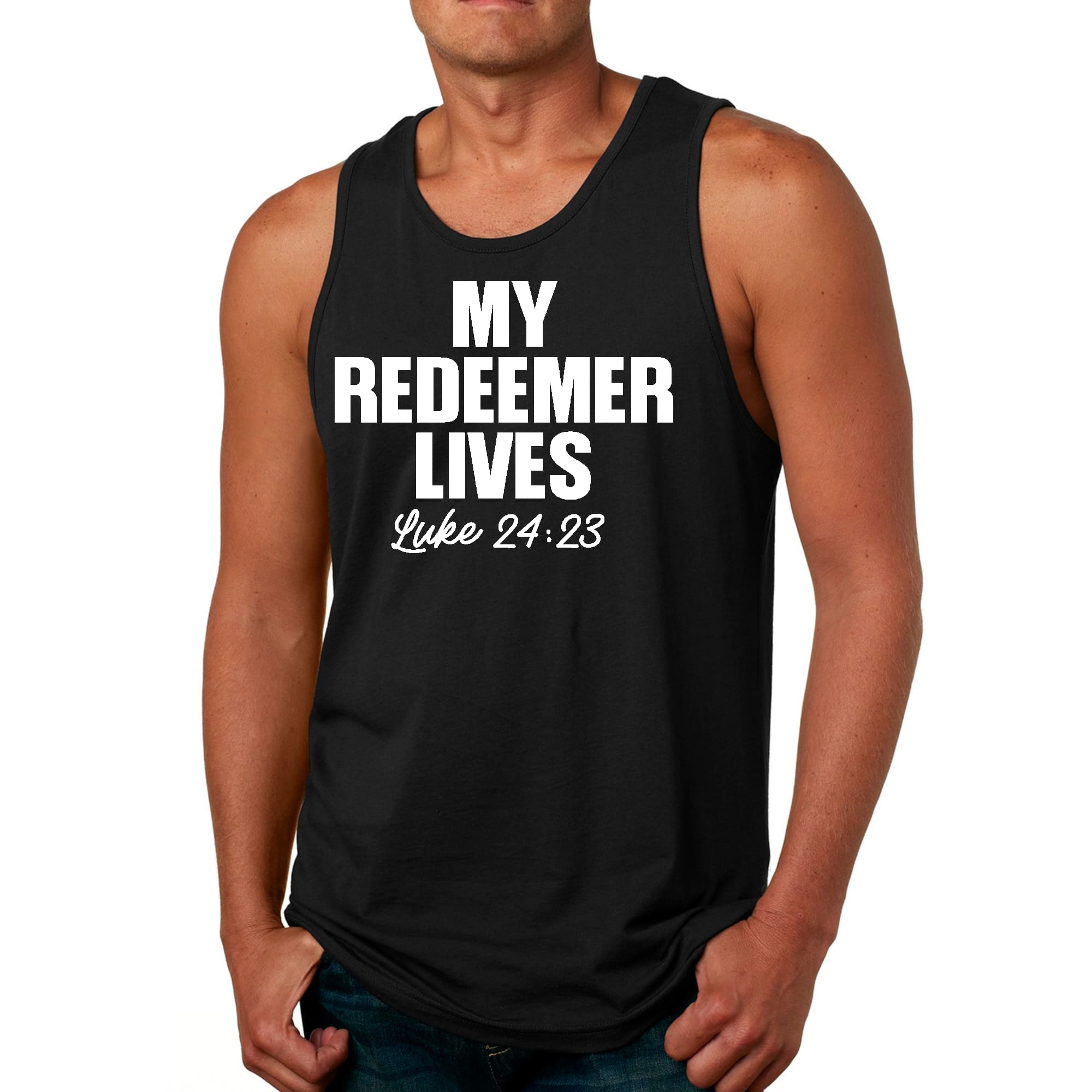 Men's fitness tank top featuring 'My Redeemer Lives' graphic print, made from soft preshrunk cotton for comfort and durability.