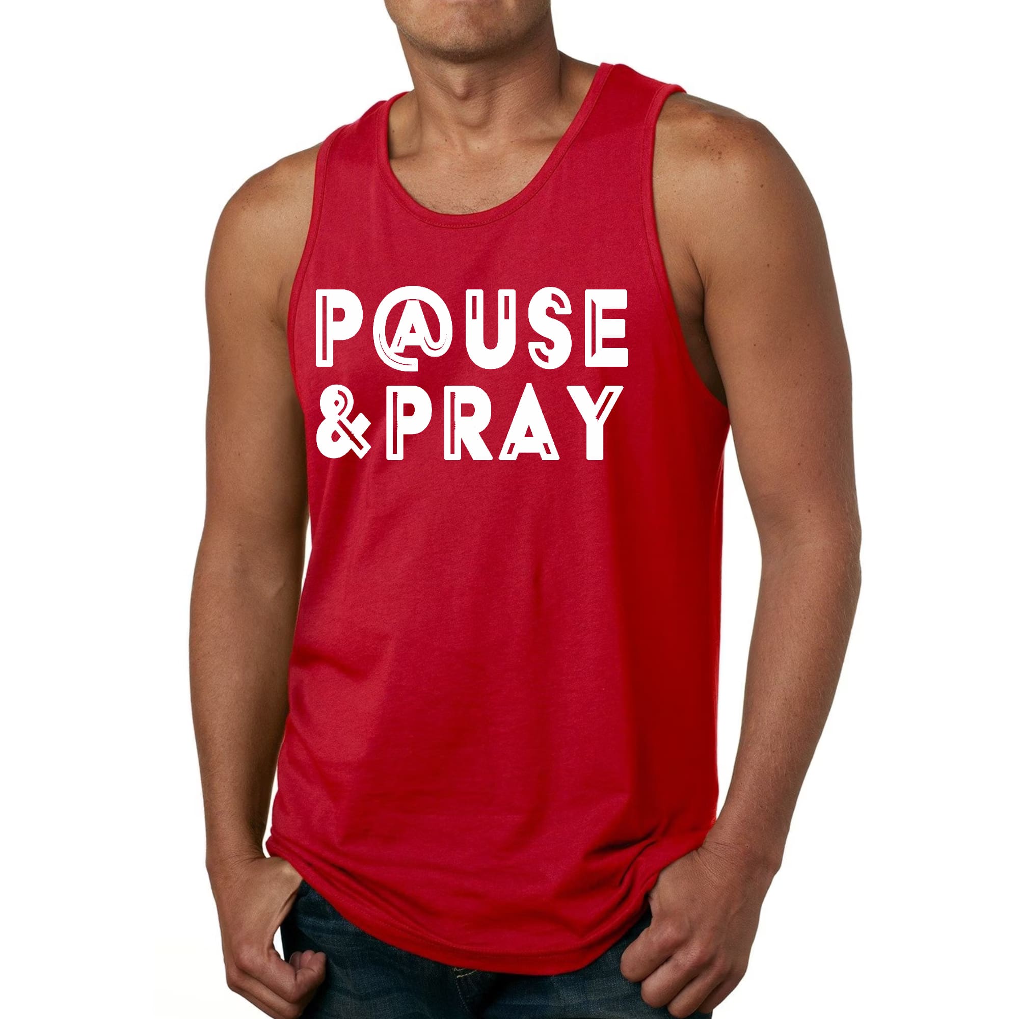 Men's Fitness Tank Top Graphic T-shirt featuring 'Pause and Pray' design, made from soft preshrunk cotton for comfort during workouts.