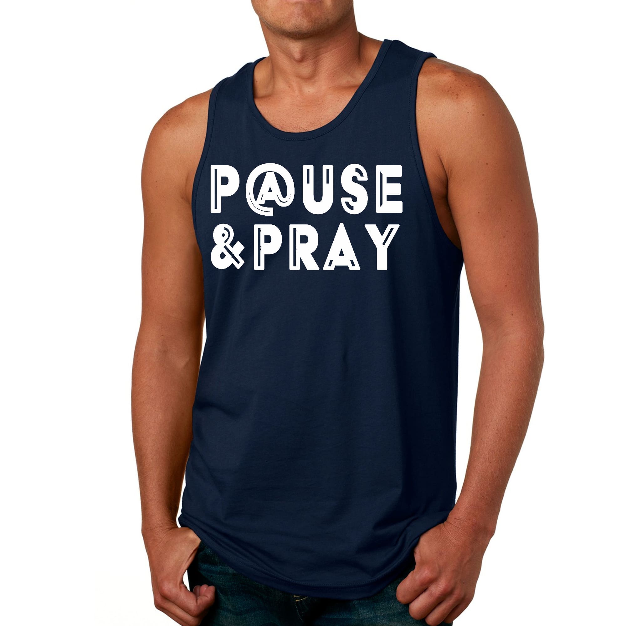 Men's Fitness Tank Top Graphic T-shirt featuring 'Pause and Pray' design, made from soft preshrunk cotton for comfort during workouts.