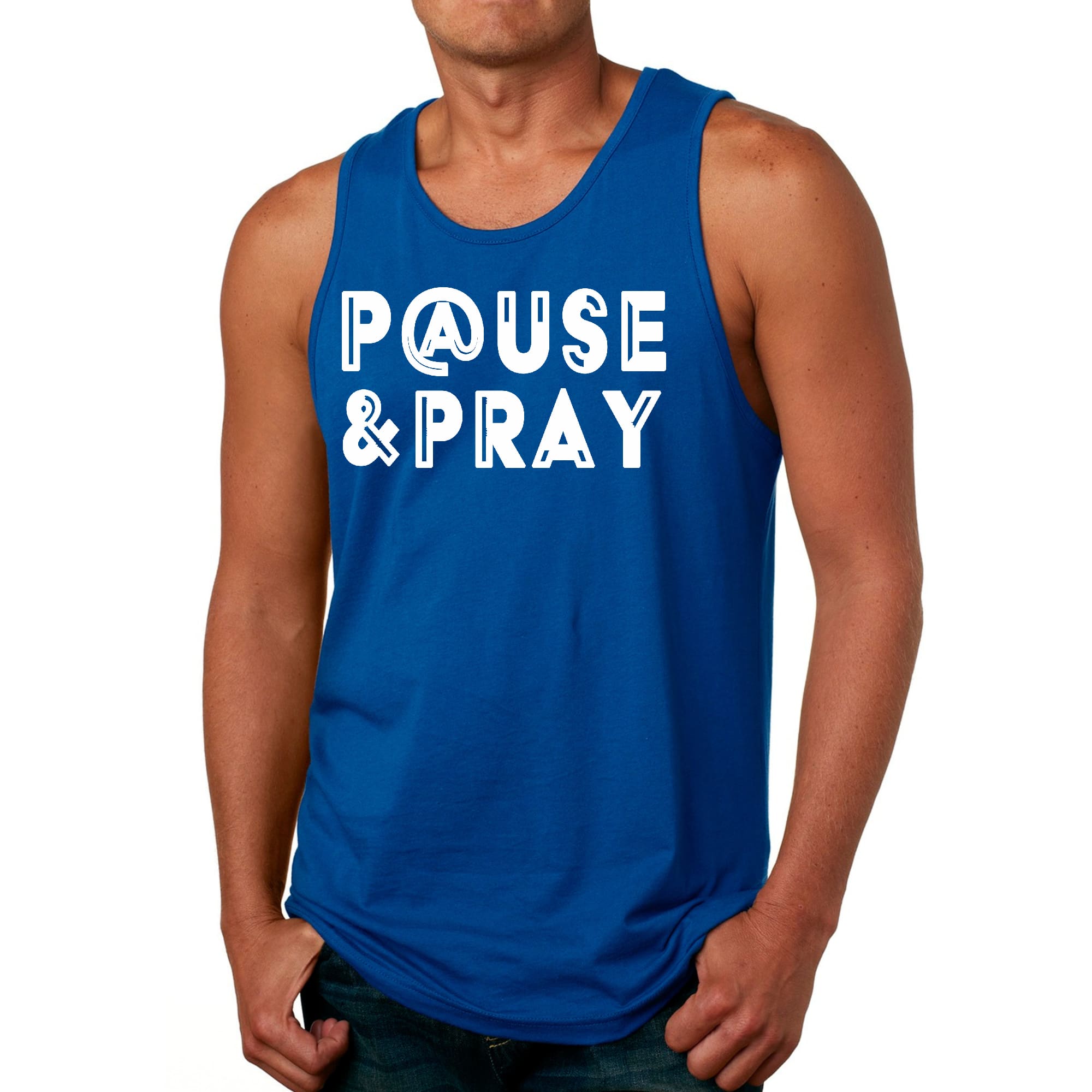 Men's Fitness Tank Top Graphic T-shirt featuring 'Pause and Pray' design, made from soft preshrunk cotton for comfort during workouts.